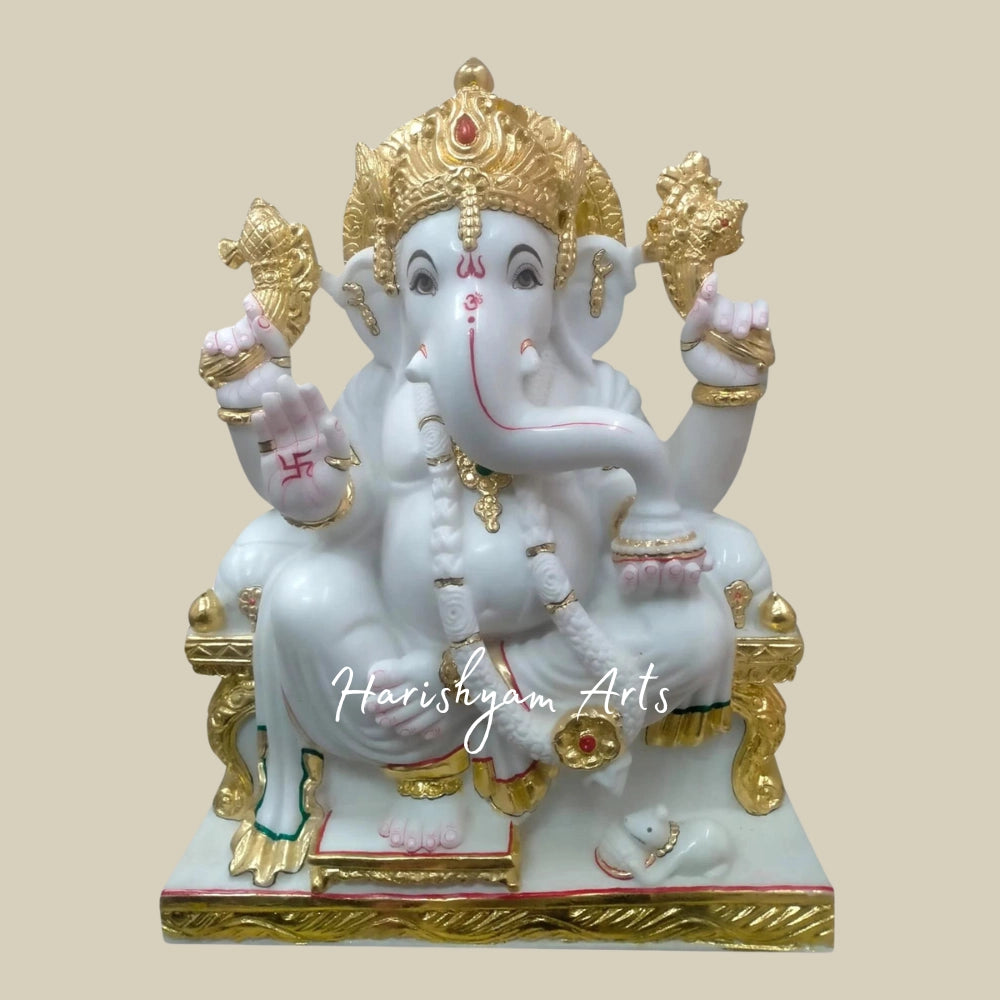 12" Chaturbhuja Ganesha Statue In White Marble