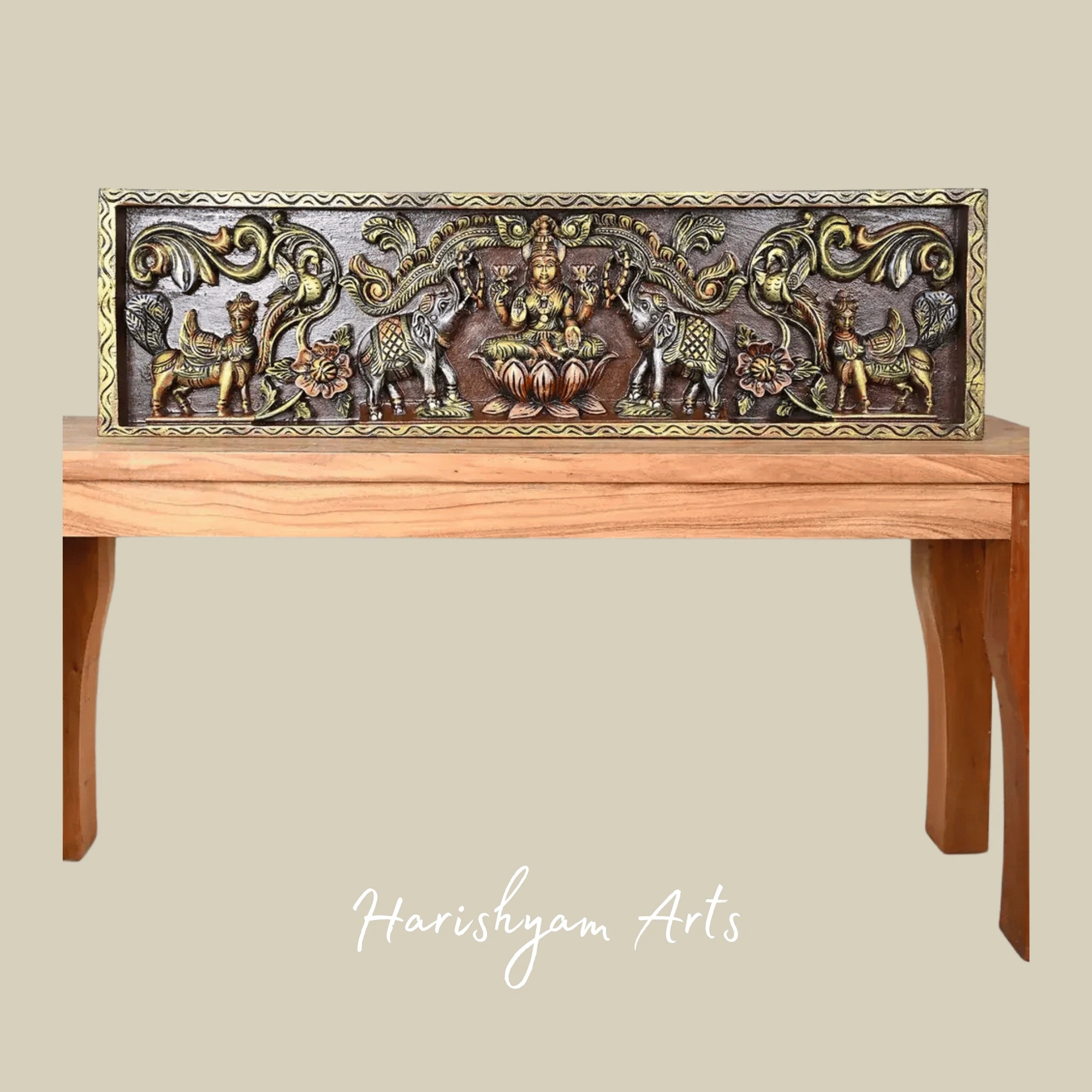 12" Colorful Gajalakshmi with Ganesha and Saraswati Handpainted Wooden Panel