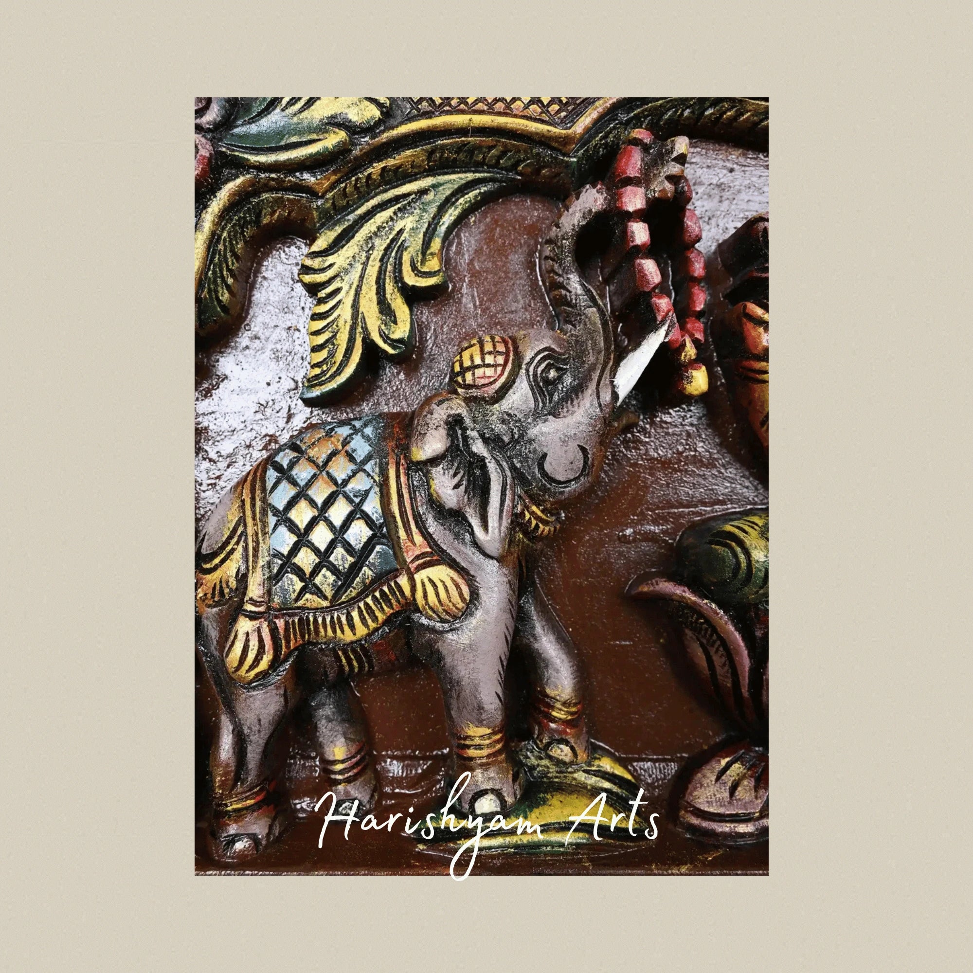 12" Colorful Gajalakshmi with Ganesha and Saraswati Handpainted Wooden Panel