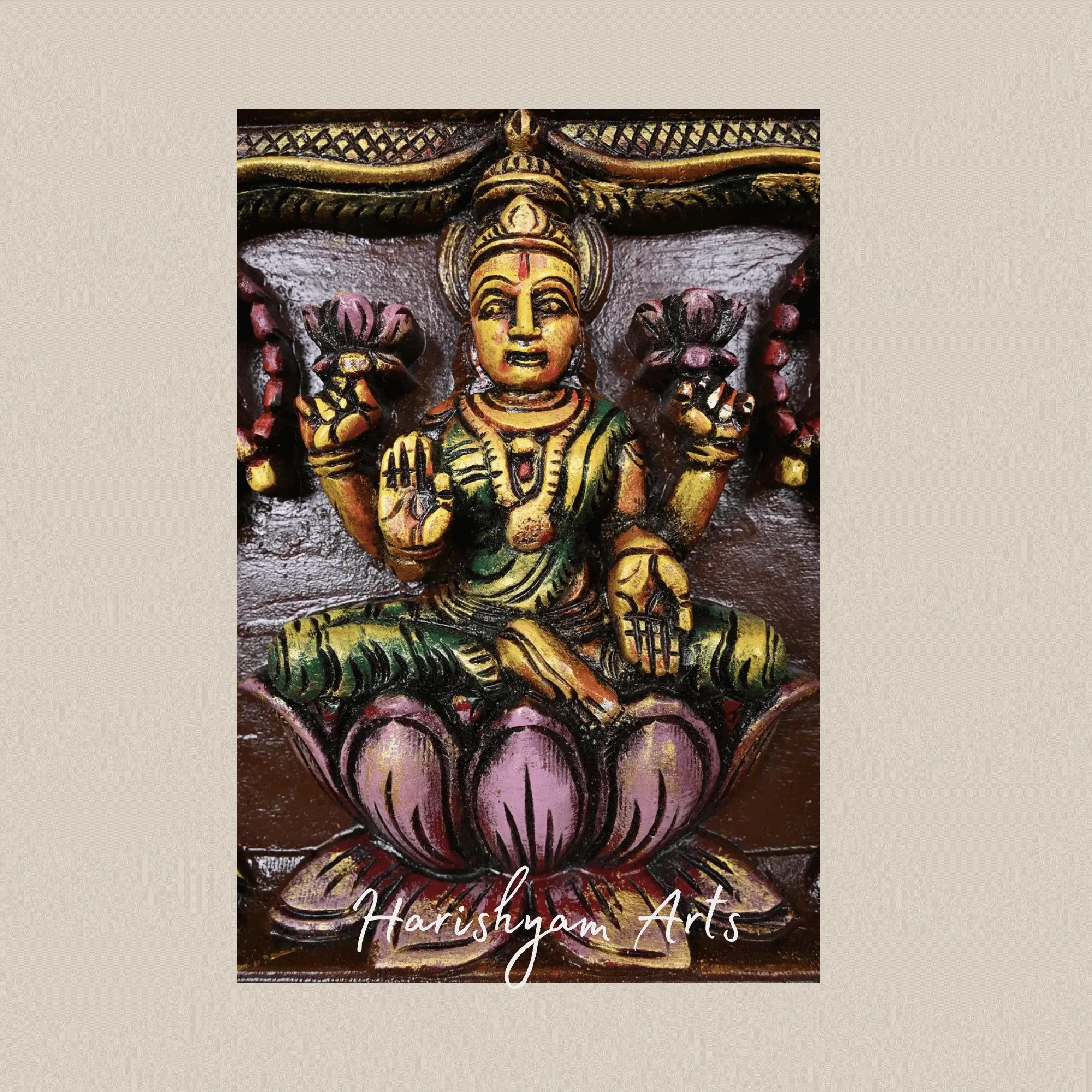 12" Colorful Gajalakshmi with Ganesha and Saraswati Handpainted Wooden Panel