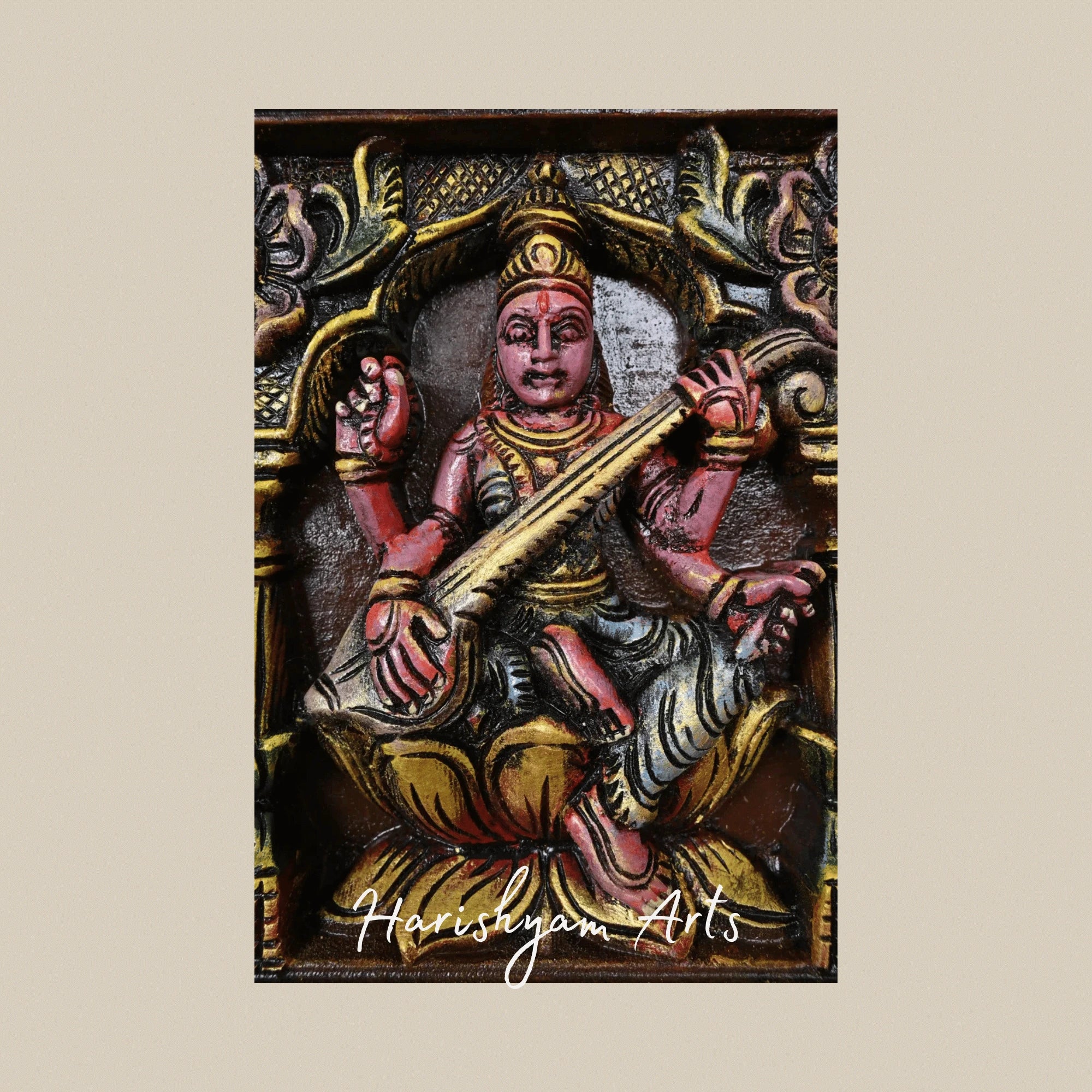 12" Colorful Gajalakshmi with Ganesha and Saraswati Handpainted Wooden Panel
