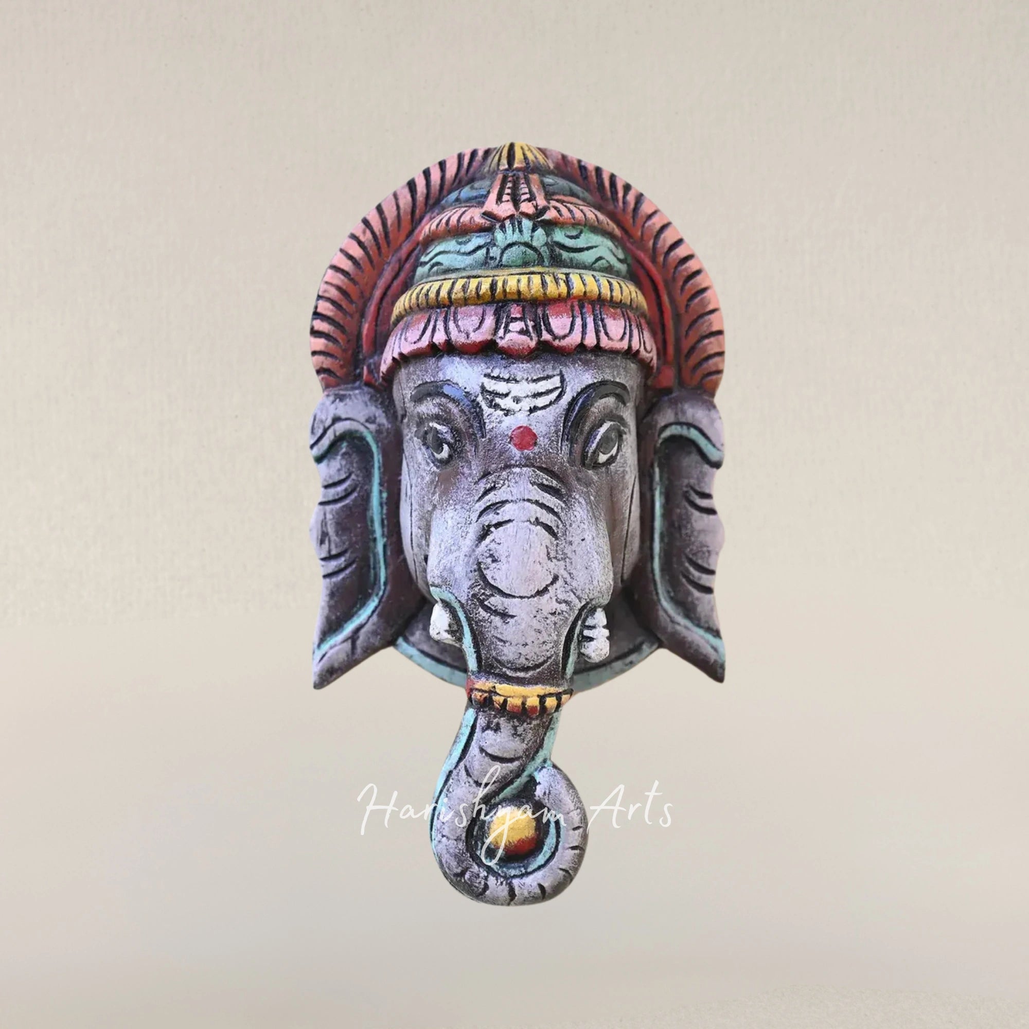 12" Decorative Wooden Ganesha Murti Face Mask for Home Blessings