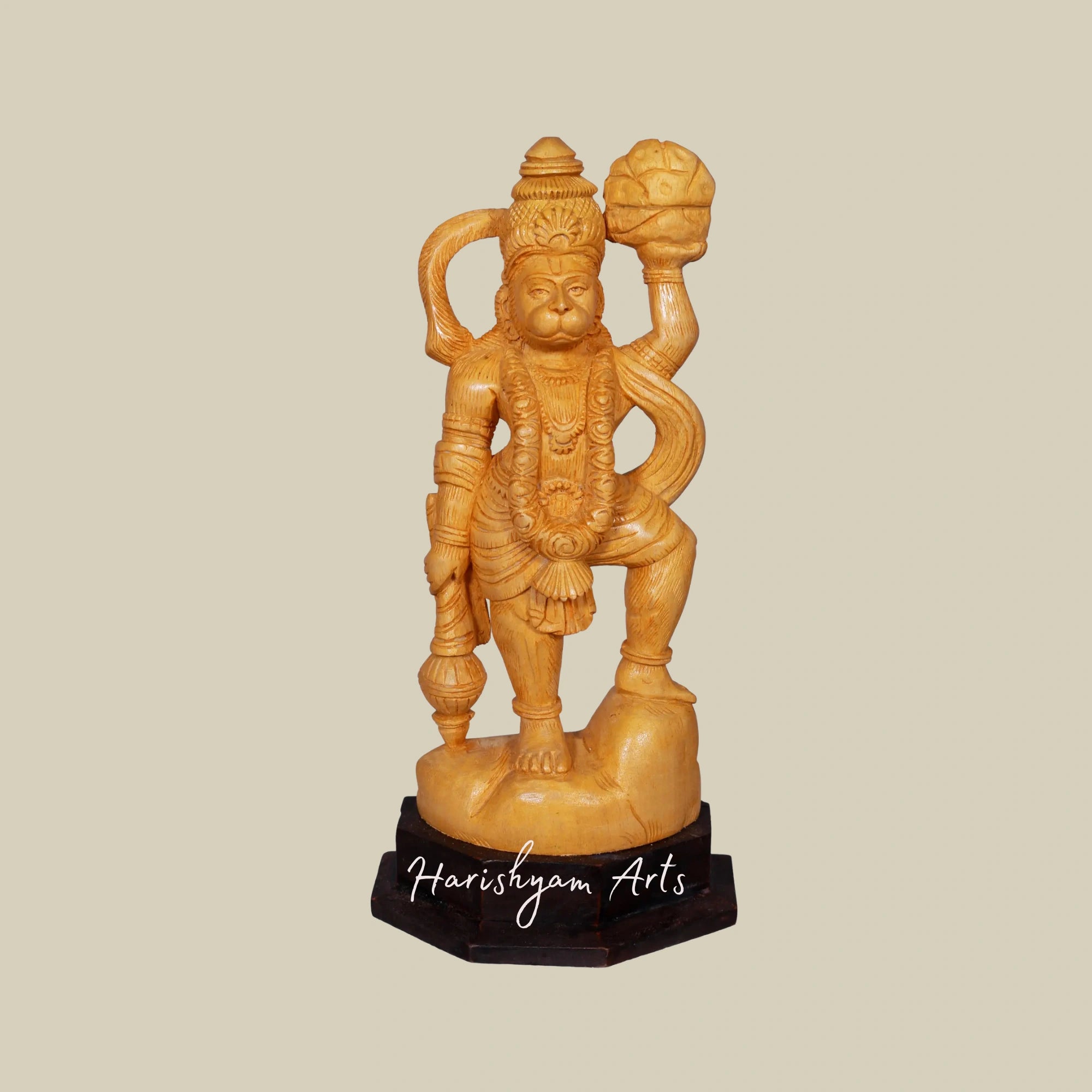 12" Decorative Wooden Hanuman Statue with Dronagiri Parvat