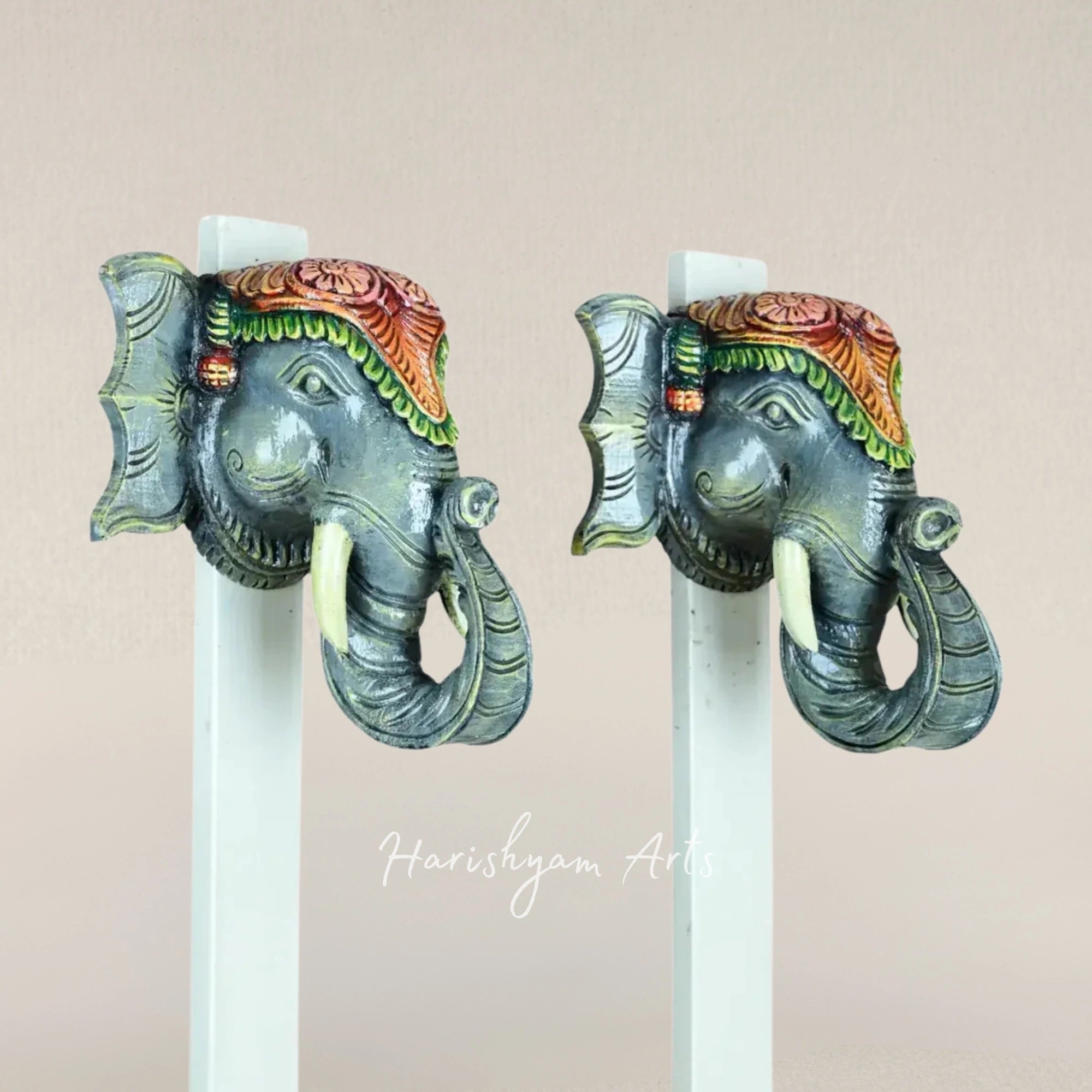 12" Elephant Spirit Twin Wooden Mask Set for Home Decor
