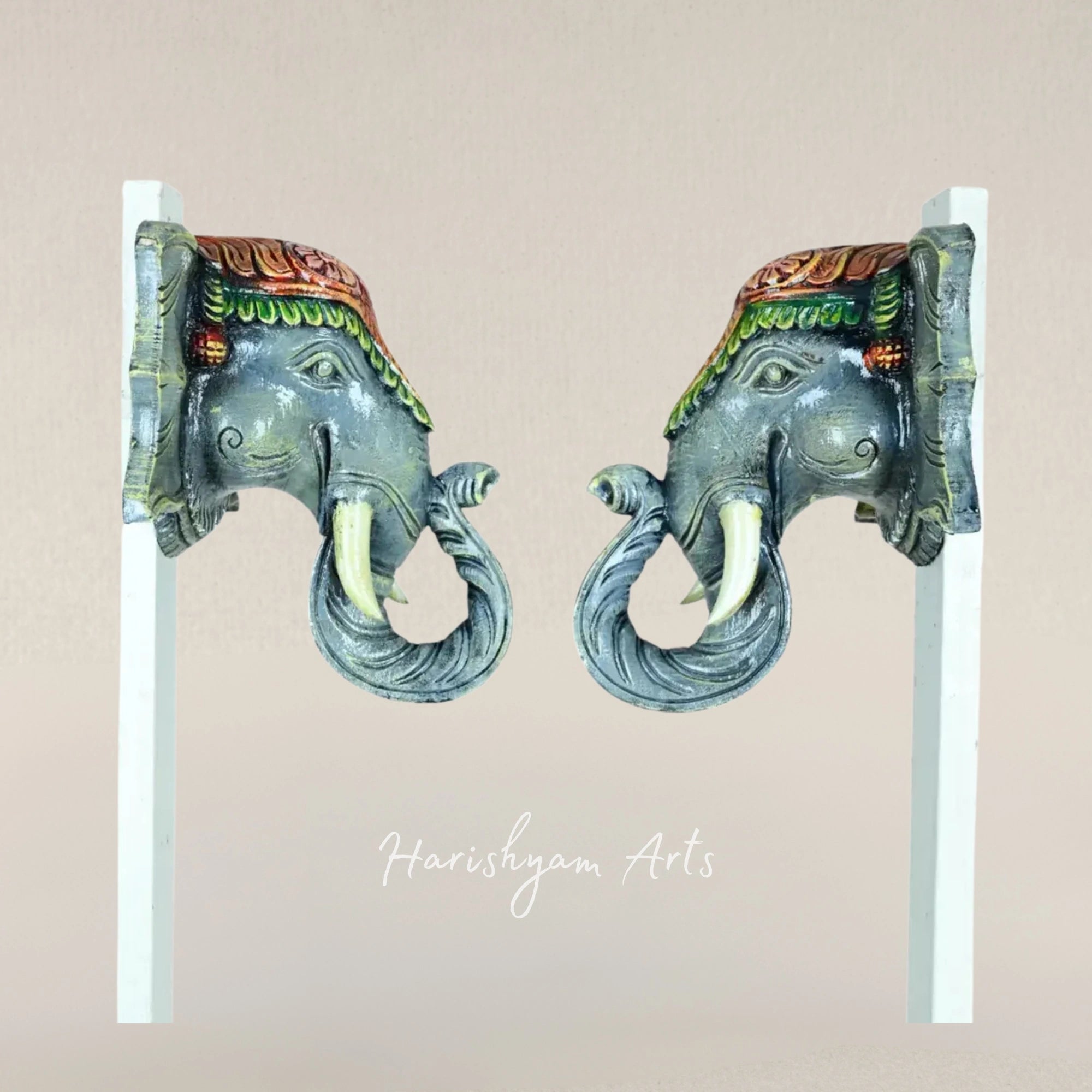 12" Elephant Spirit Twin Wooden Mask Set for Home Decor