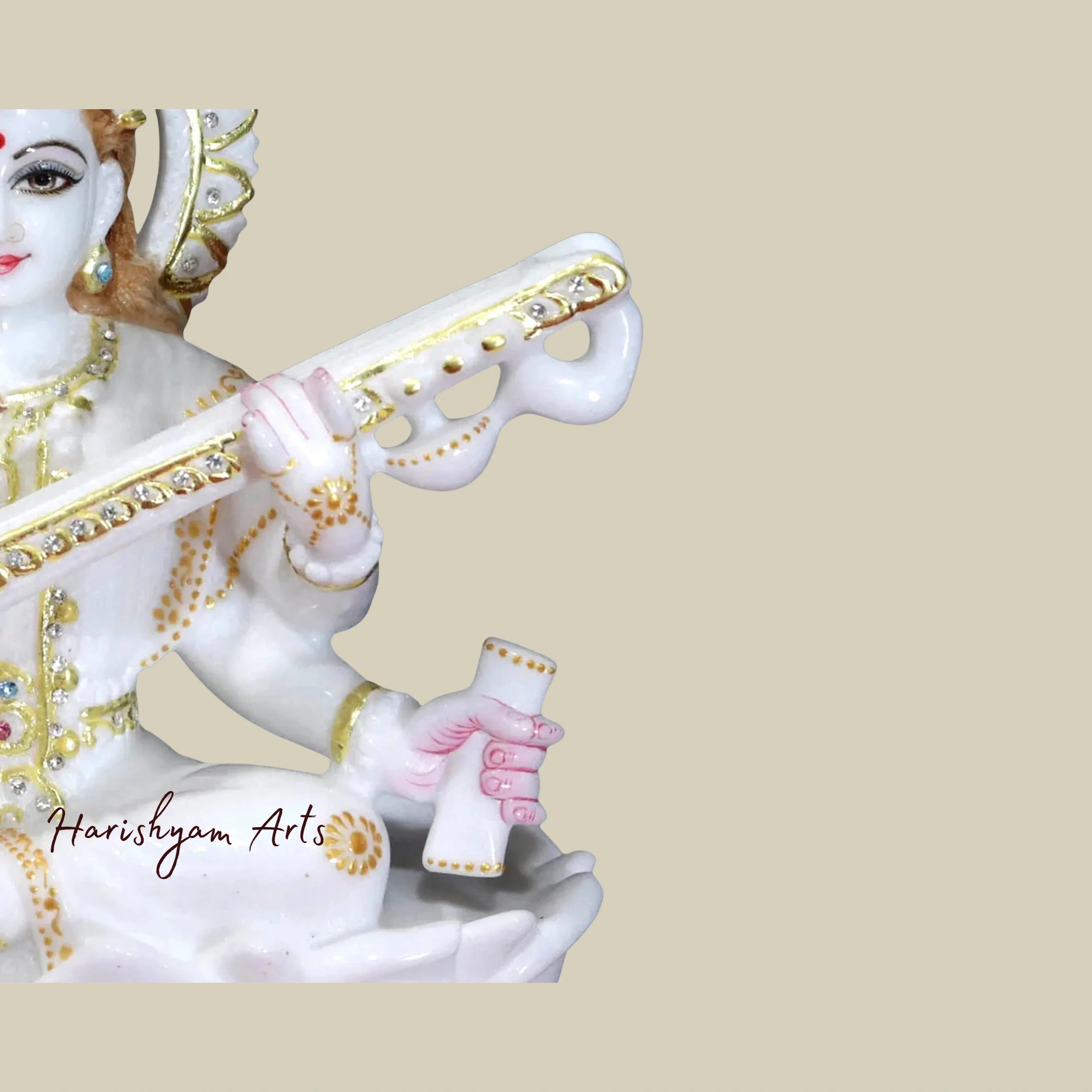 12" Goddess Saraswati Marble Moorti with Intricate Ornaments in White Makrana Marble