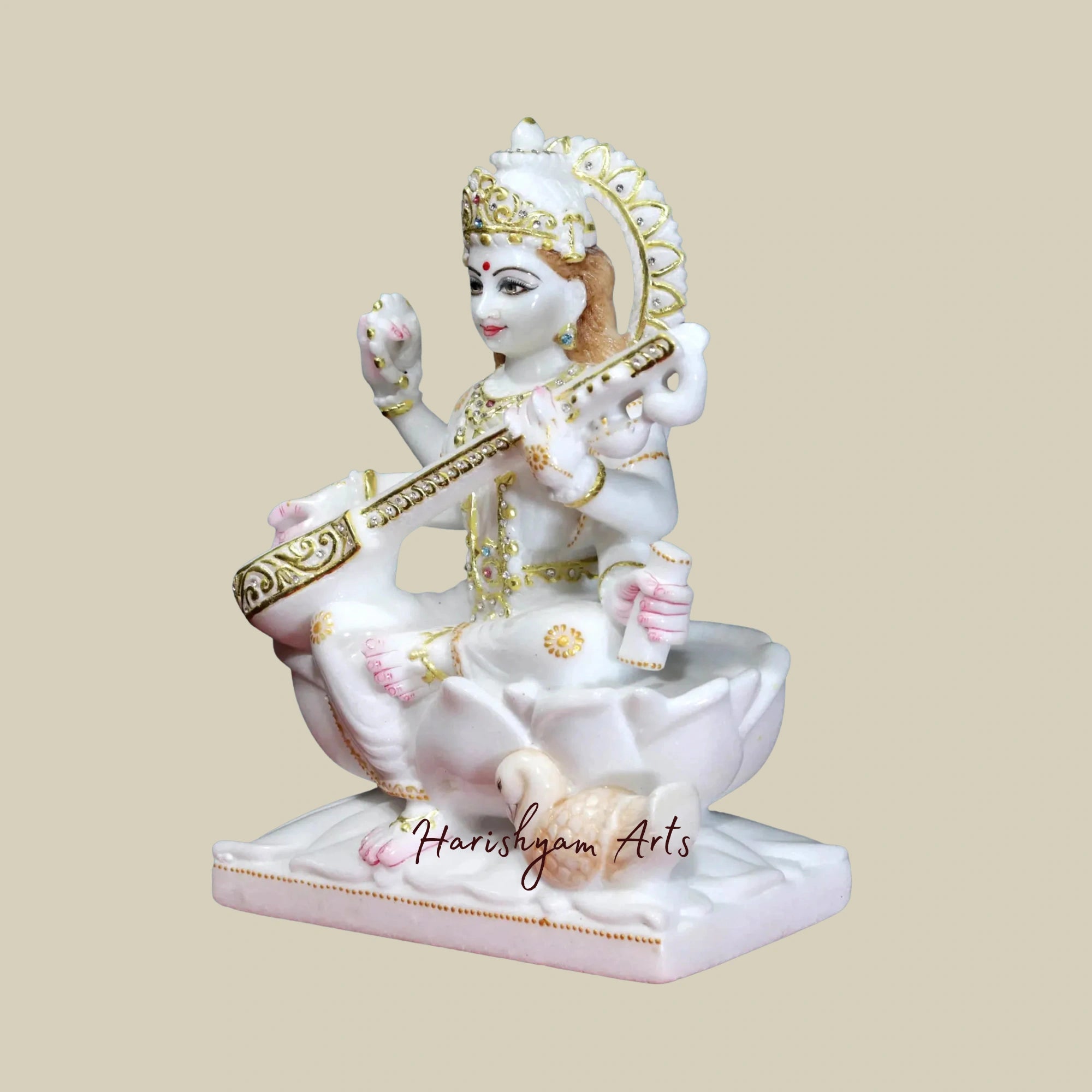 12" Goddess Saraswati Marble Moorti with Intricate Ornaments in White Makrana Marble1