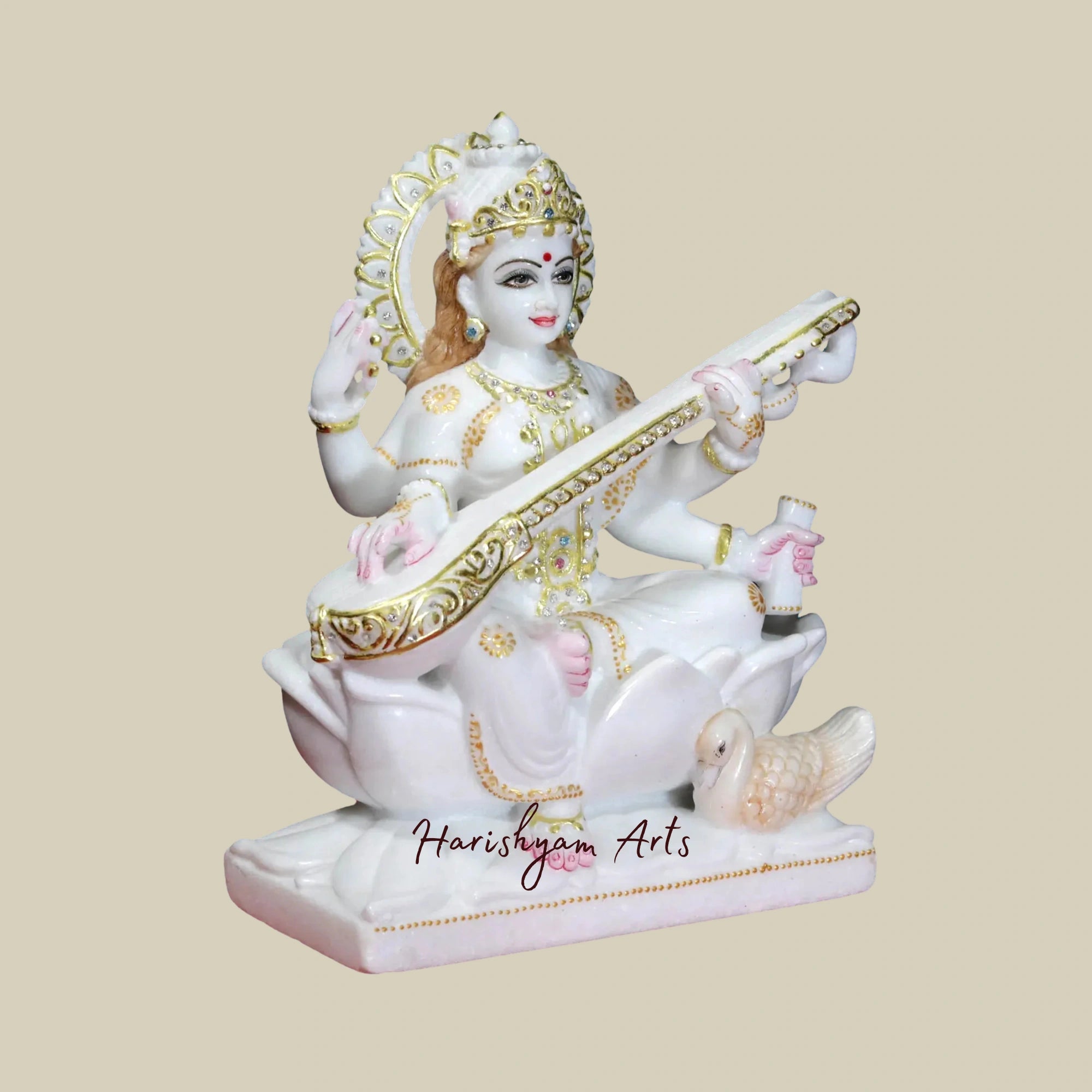 12" Goddess Saraswati Marble Moorti with Intricate Ornaments in White Makrana Marble2