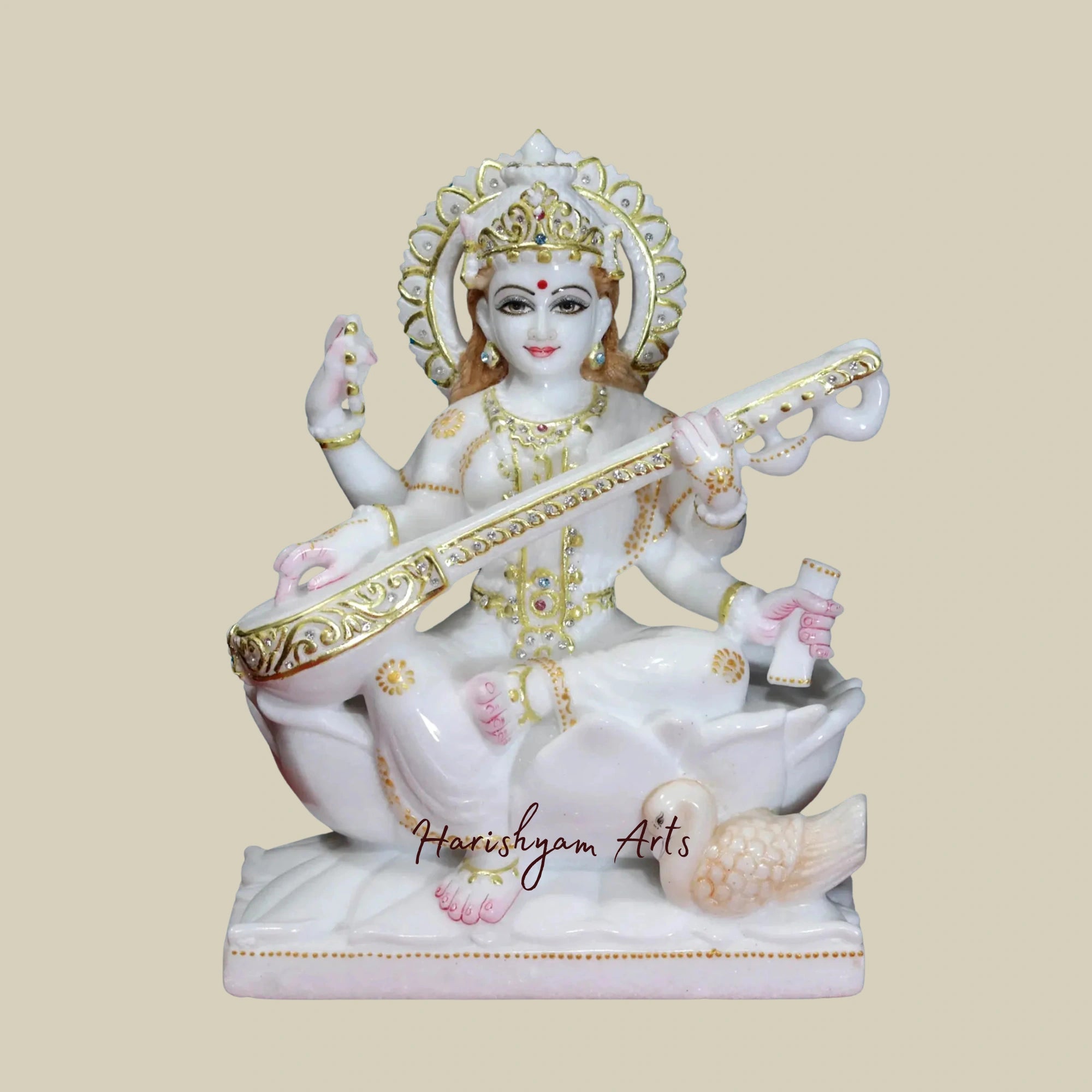 12" Goddess Saraswati Marble Moorti with Intricate Ornaments in White Makrana Marble3