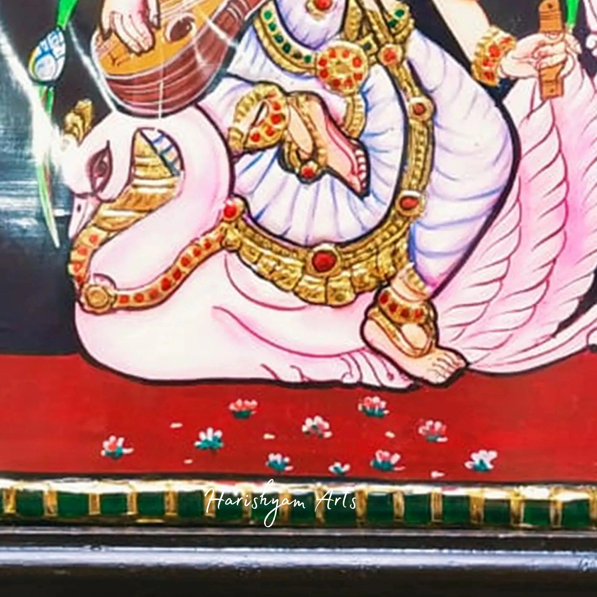 12" Goddess Saraswati with Swan Tanjore Painting in an Ornate Framed Design