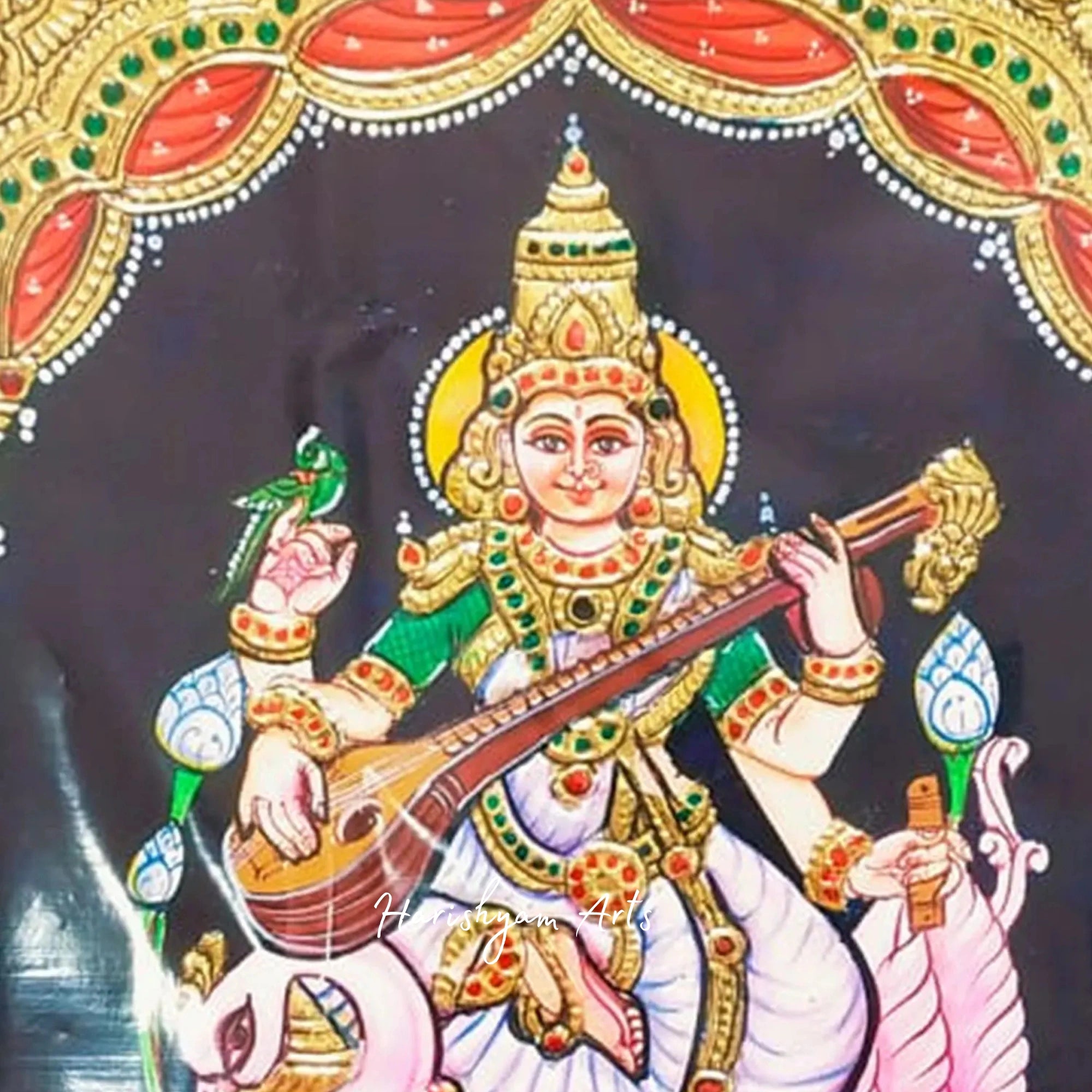 12" Goddess Saraswati with Swan Tanjore Painting in an Ornate Framed Design