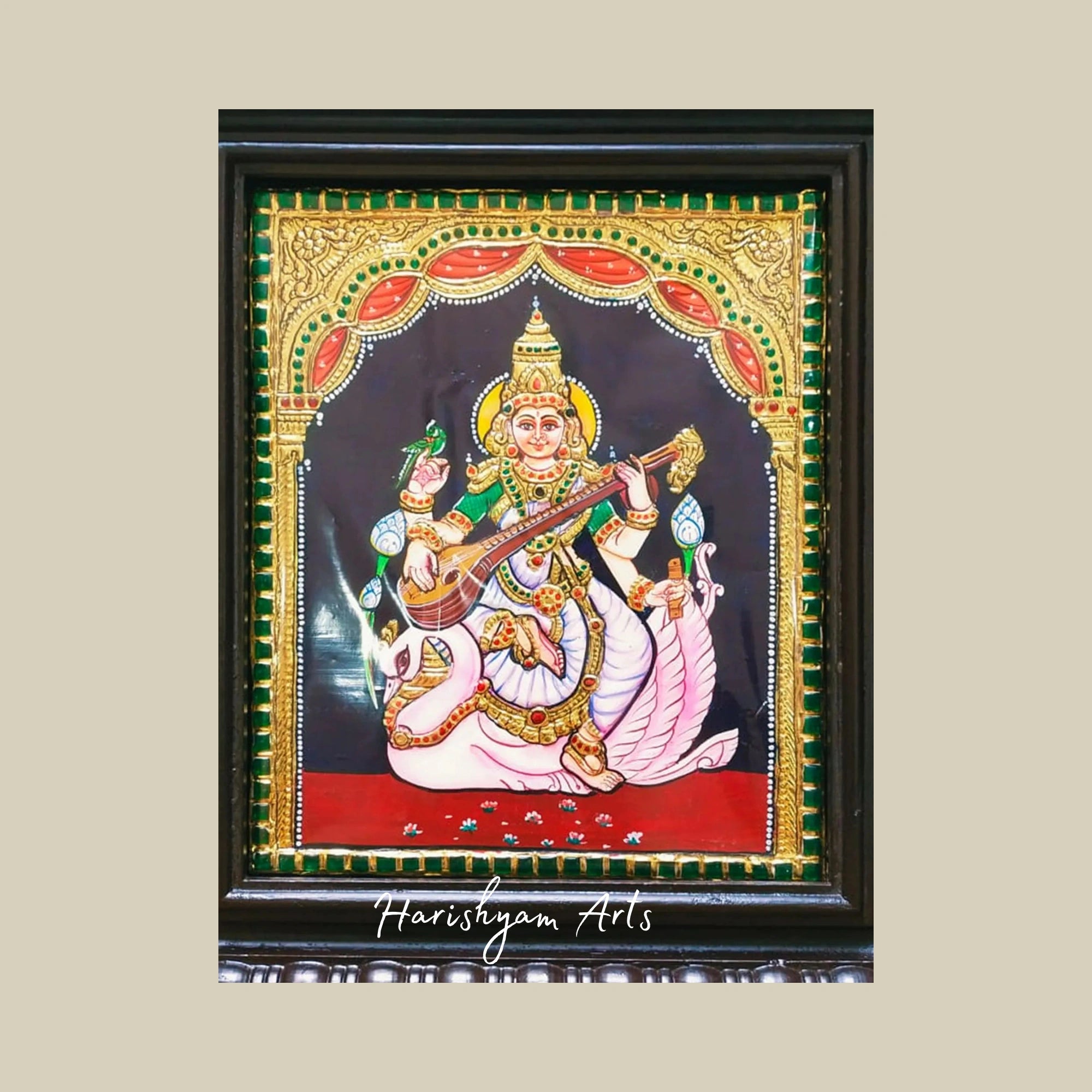 12" Goddess Saraswati with Swan Tanjore Painting in an Ornate Framed Design