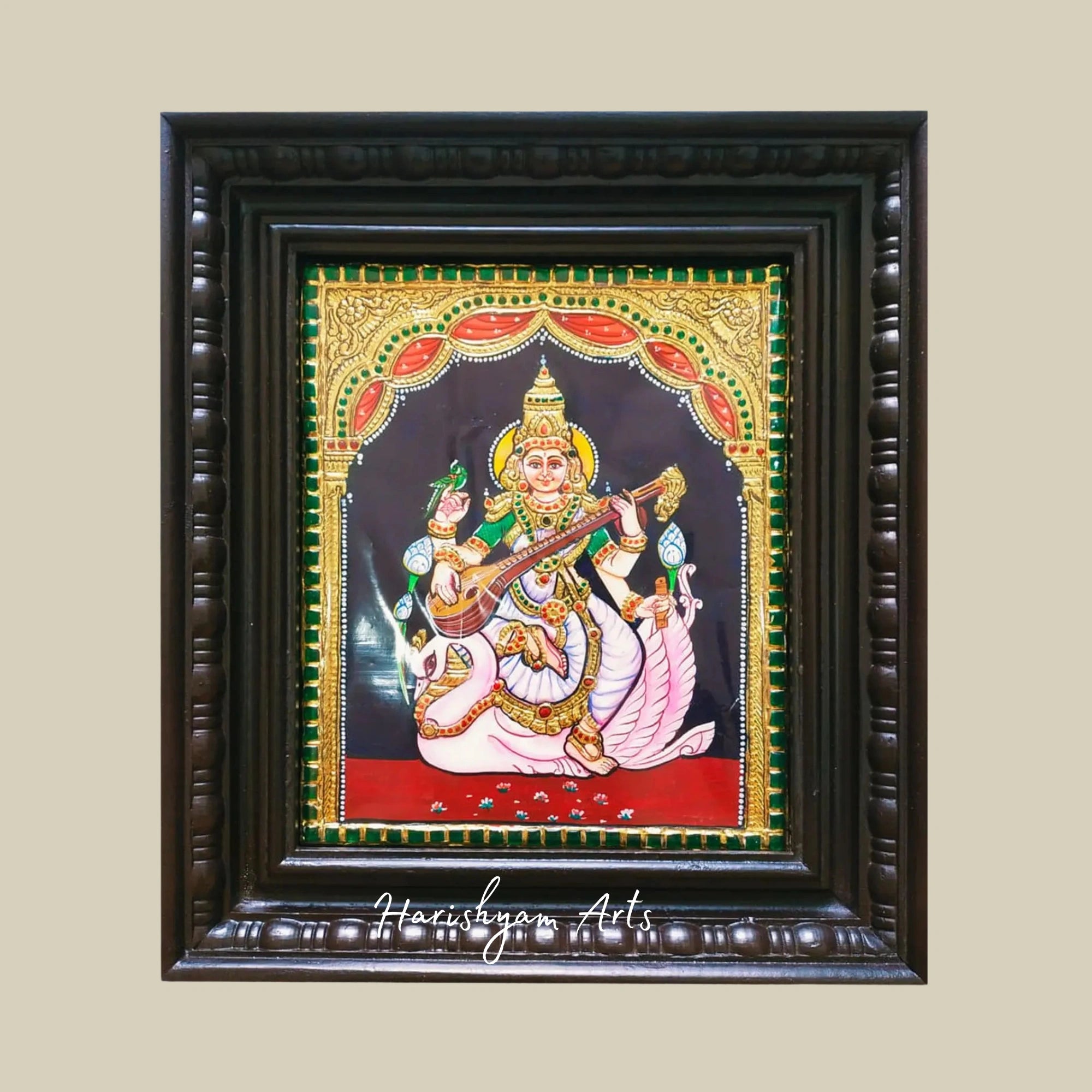 12" Goddess Saraswati with Swan Tanjore Painting in an Ornate Framed Design