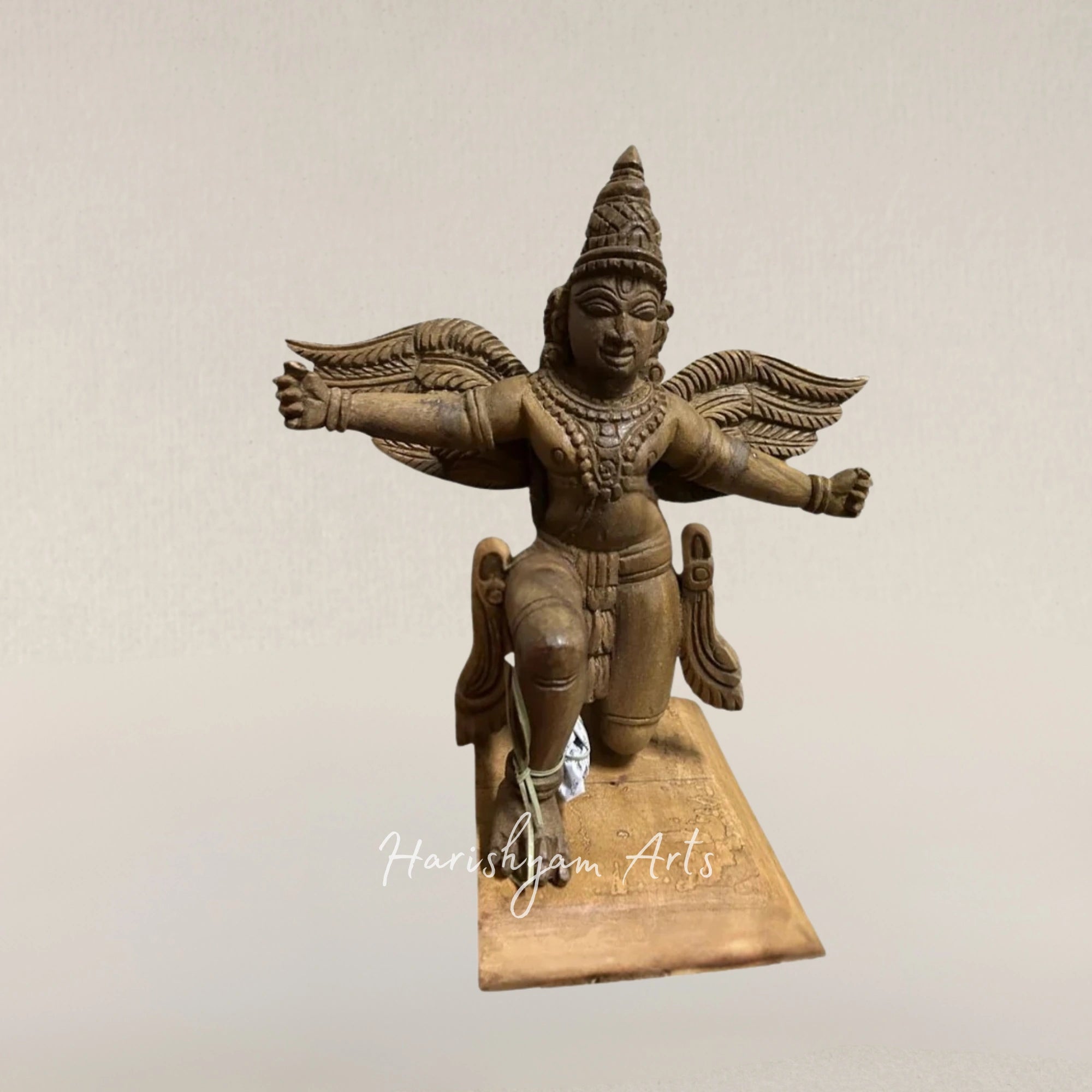 12" Hand Carved Garuda Statue Resting on Wooden Base Divine Decorative Sculpture