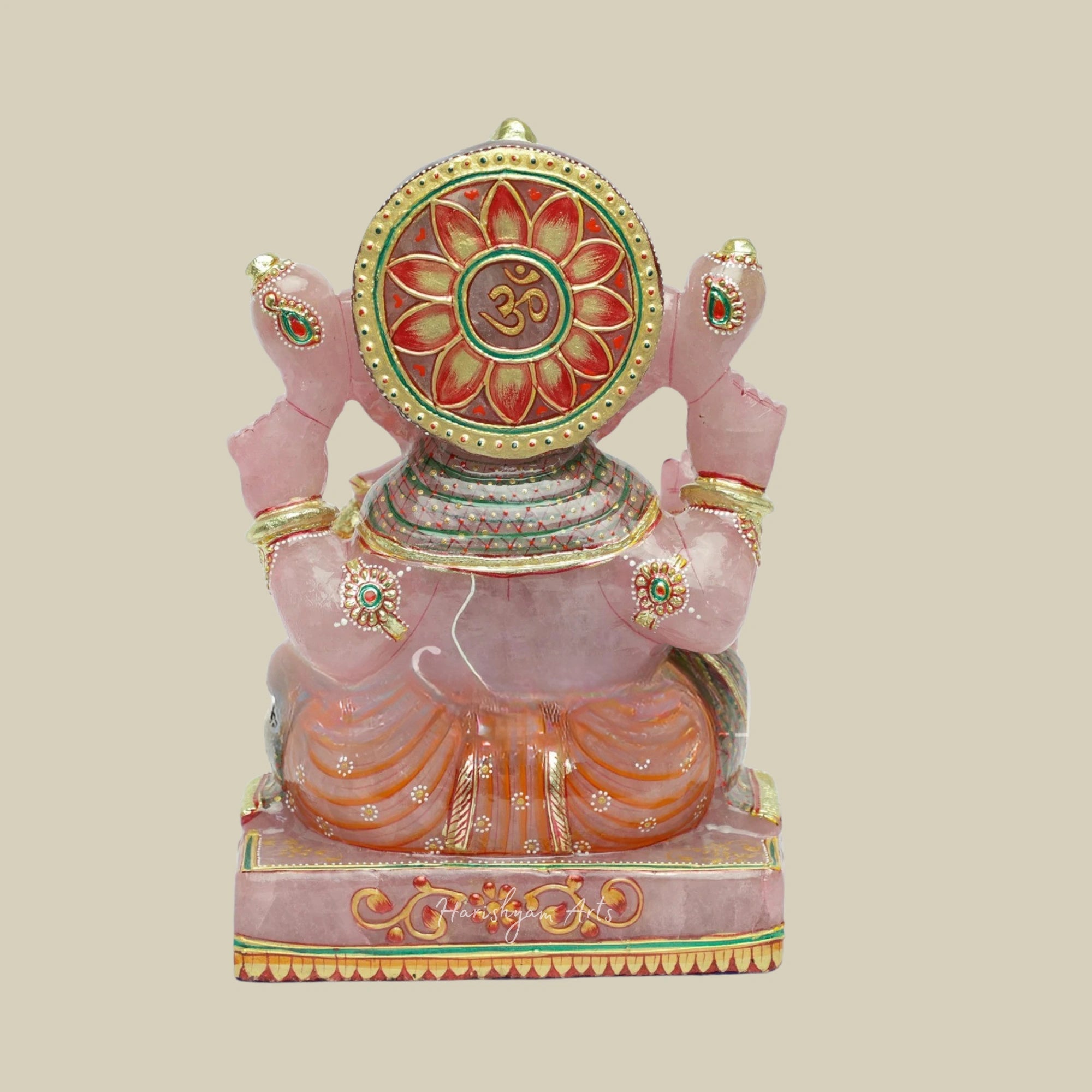 12" Hand Painted Rose Ganesha Statue Sitting Ganpati Idol with Cushion Decor