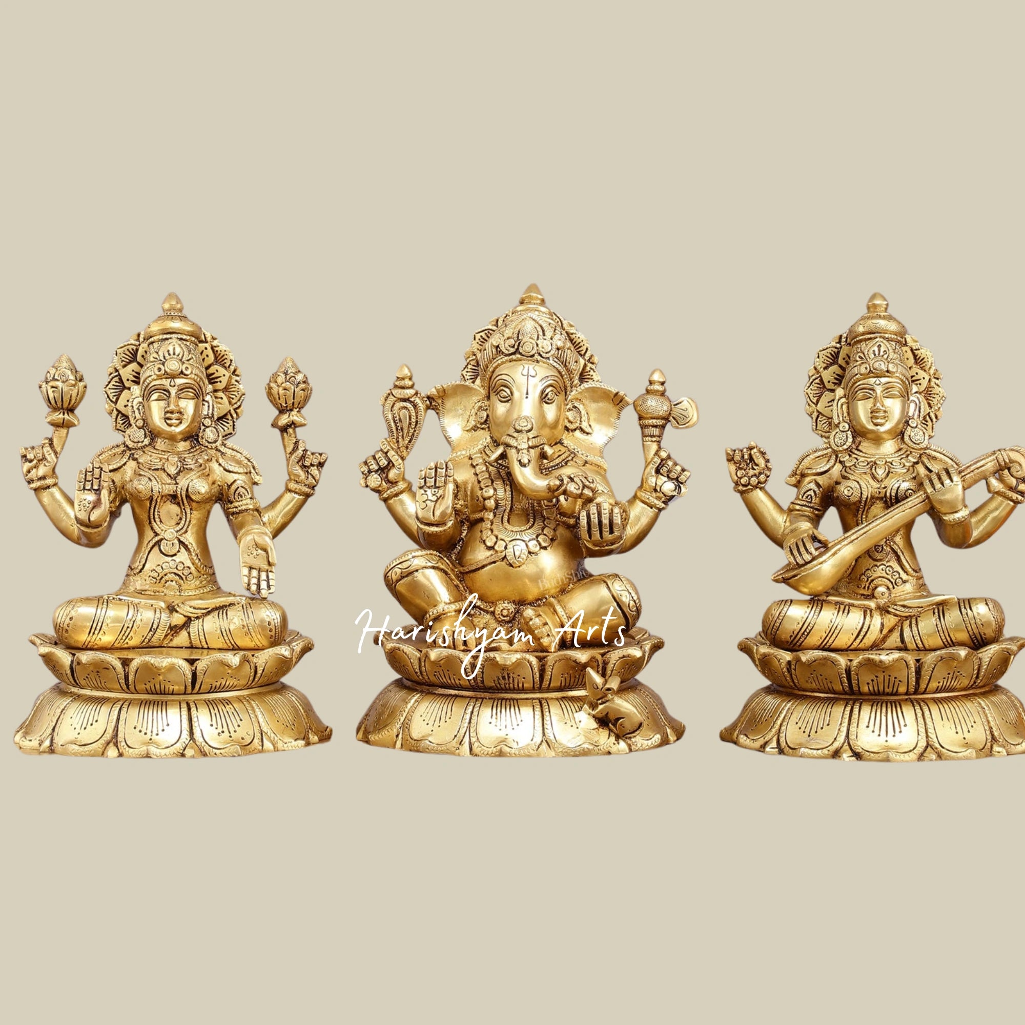 12" Handcrafted Pure Brass Trio of Ganesh, Lakshmi, and Saraswati for Pooja