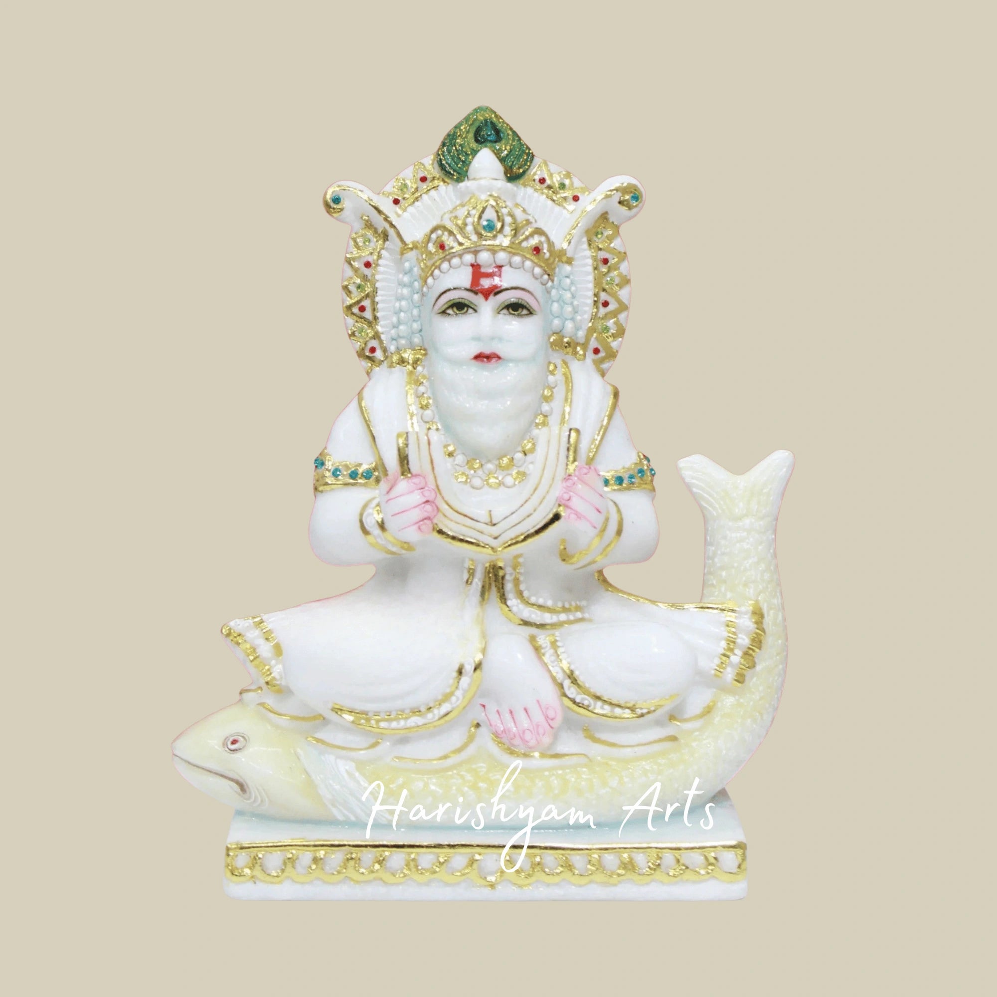 12" Jhulelal Ji White Marble Murti Crafted In Makrana Stone For Divine Blessings At Home And Temple