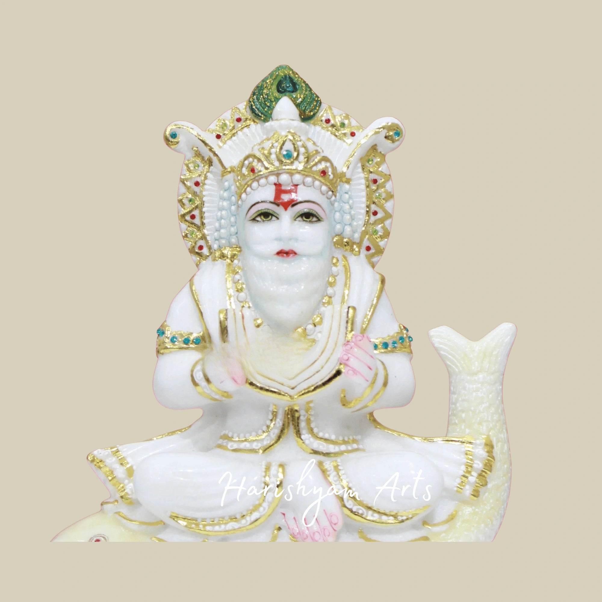 12" Jhulelal Ji White Marble Murti Crafted In Makrana Stone For Divine Blessings At Home And Temple
