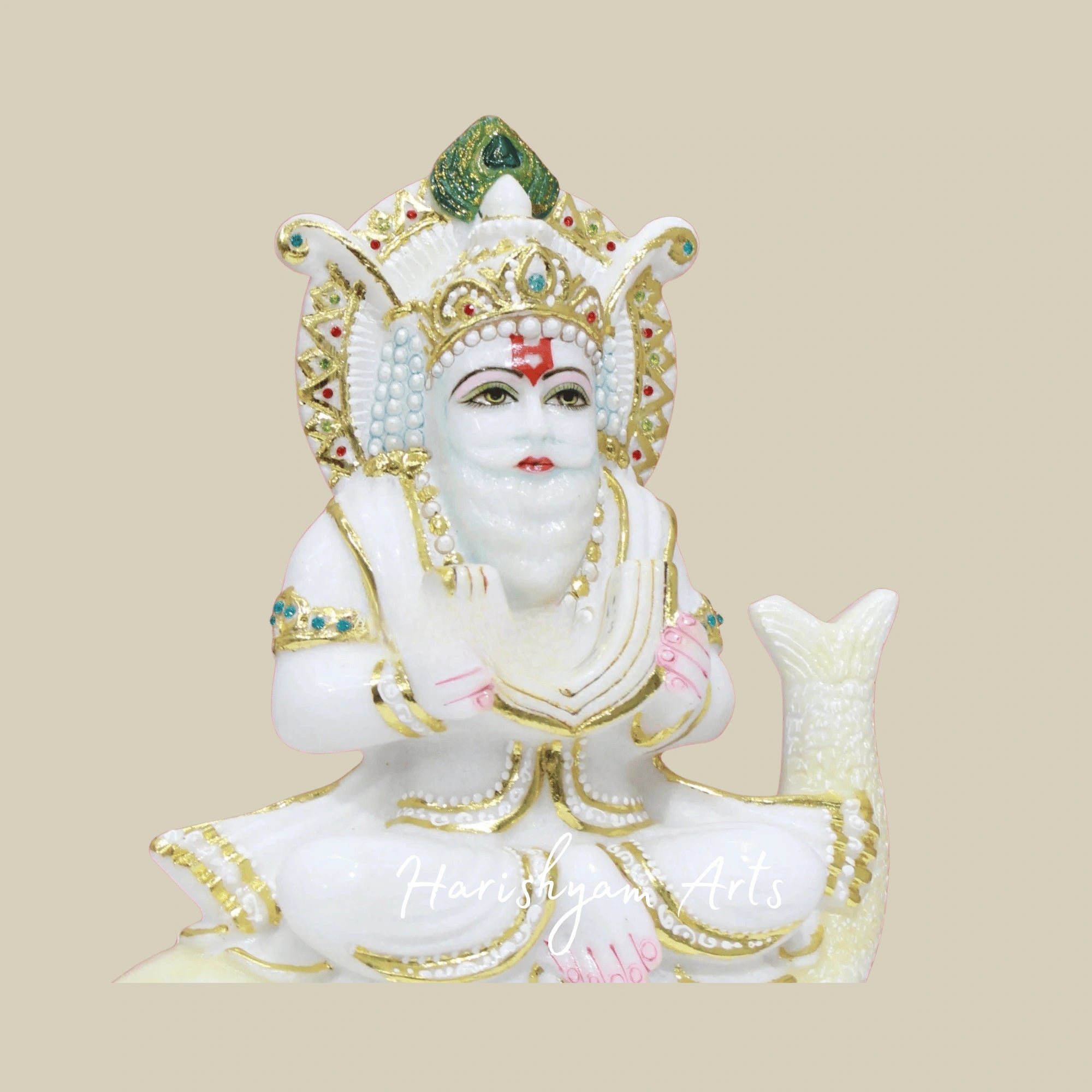 12" Jhulelal Ji White Marble Murti Crafted In Makrana Stone For Divine Blessings At Home And Temple