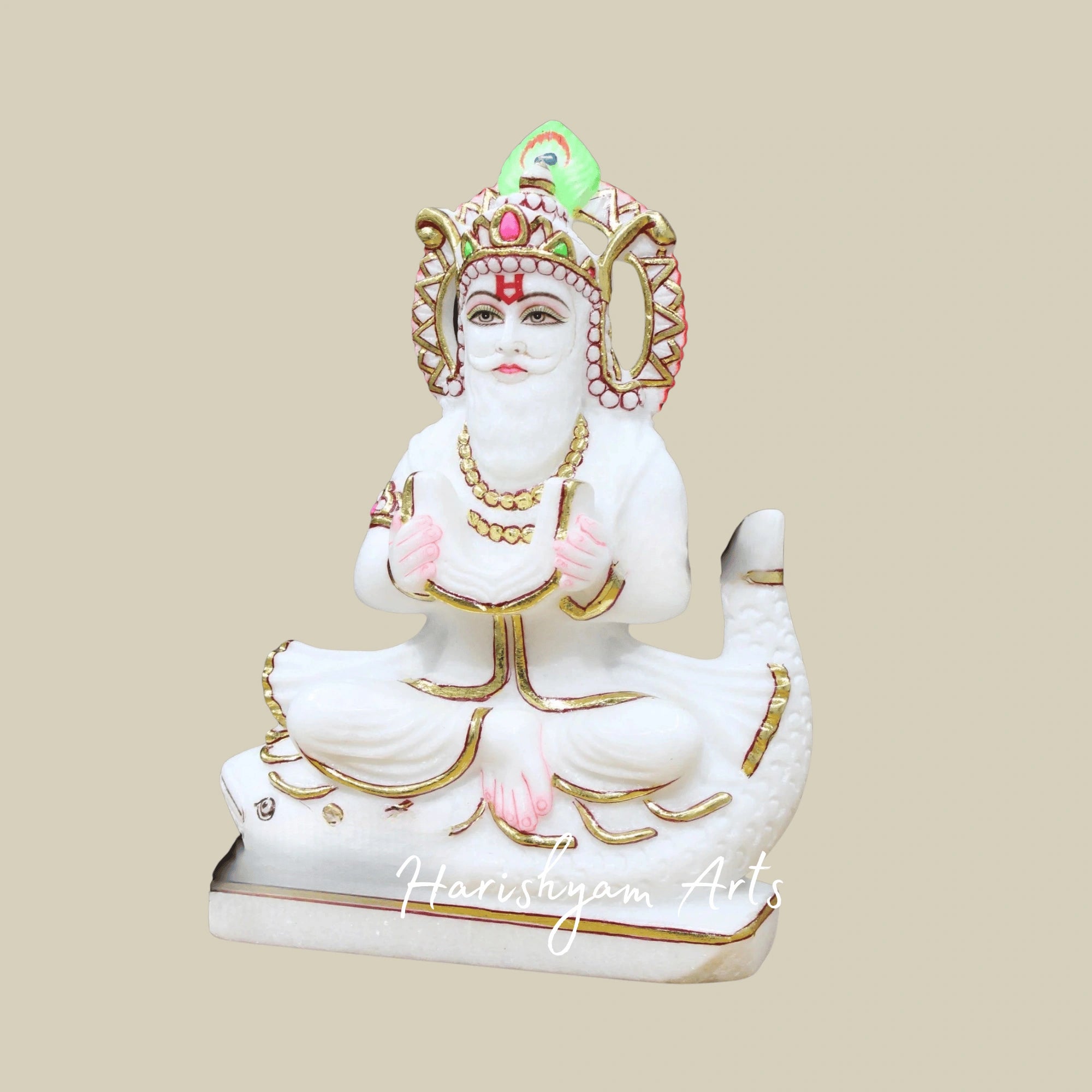 12" Jhulelal Maharaj Murti In Premium Makrana White Marble For Spiritual Home And Mandir