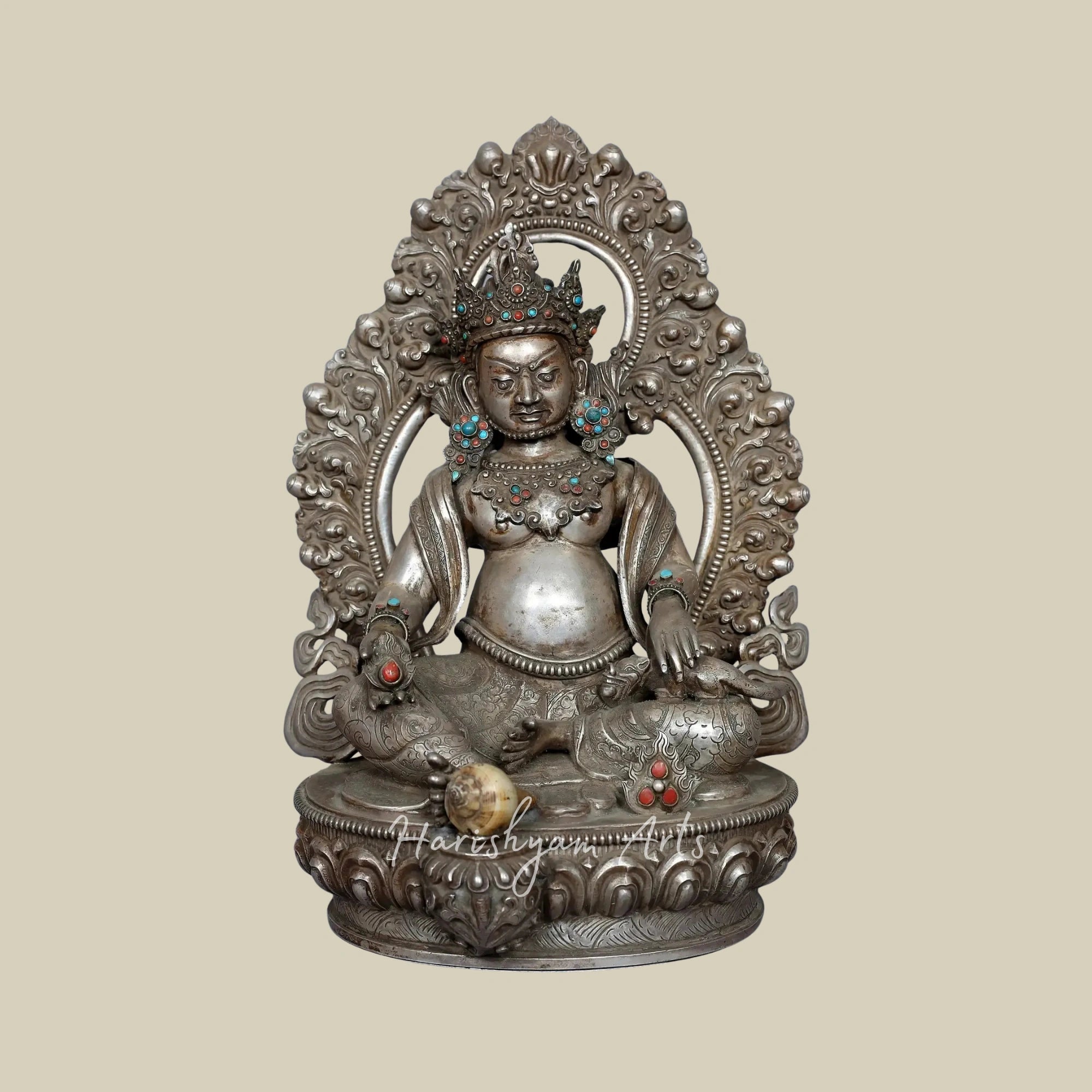 12" Kubera God of Wealth Silver Idol with Decorative Stone Detailing
