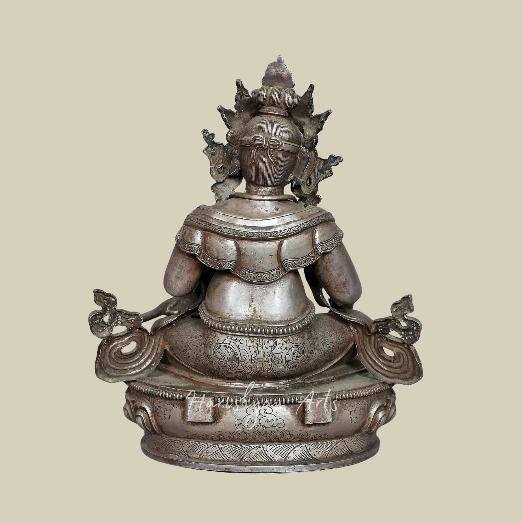 12" Kubera God of Wealth Silver Idol with Decorative Stone Detailing