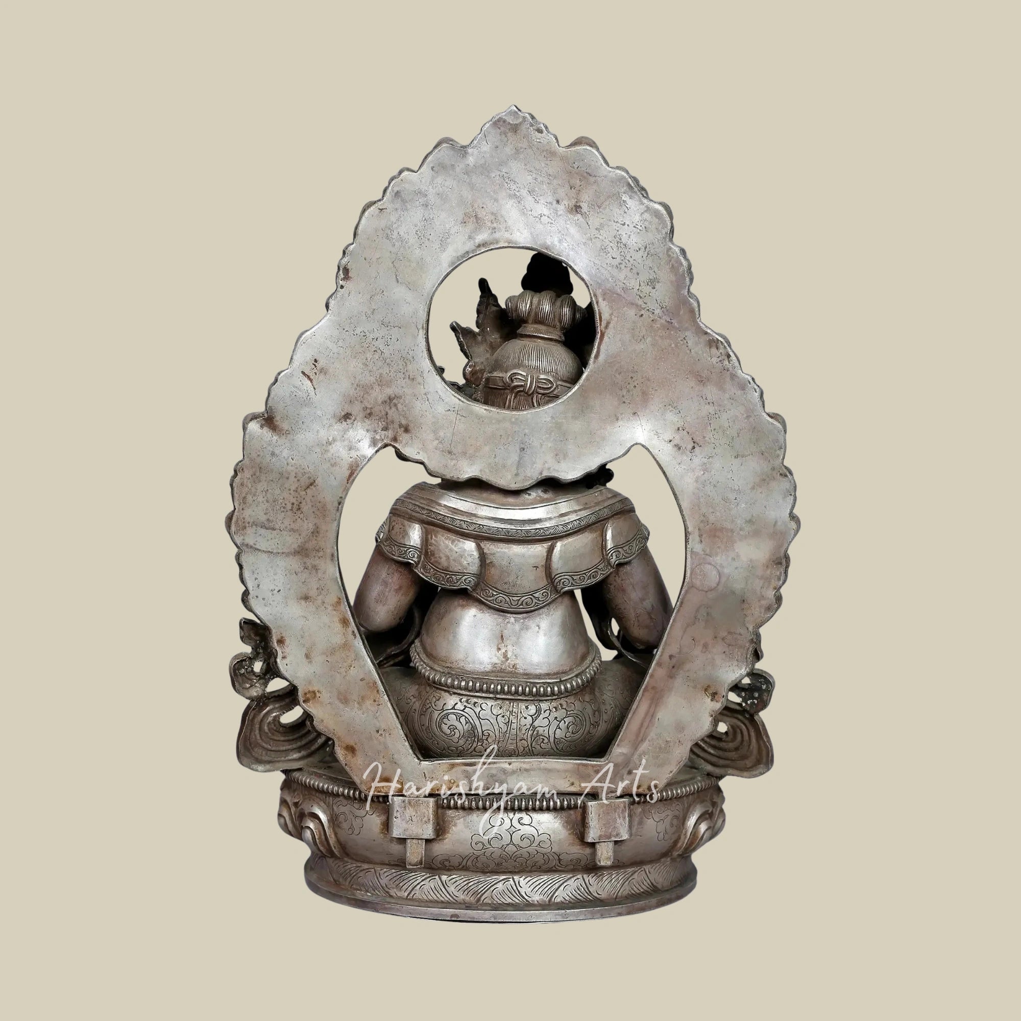 12" Kubera God of Wealth Silver Idol with Decorative Stone Detailing