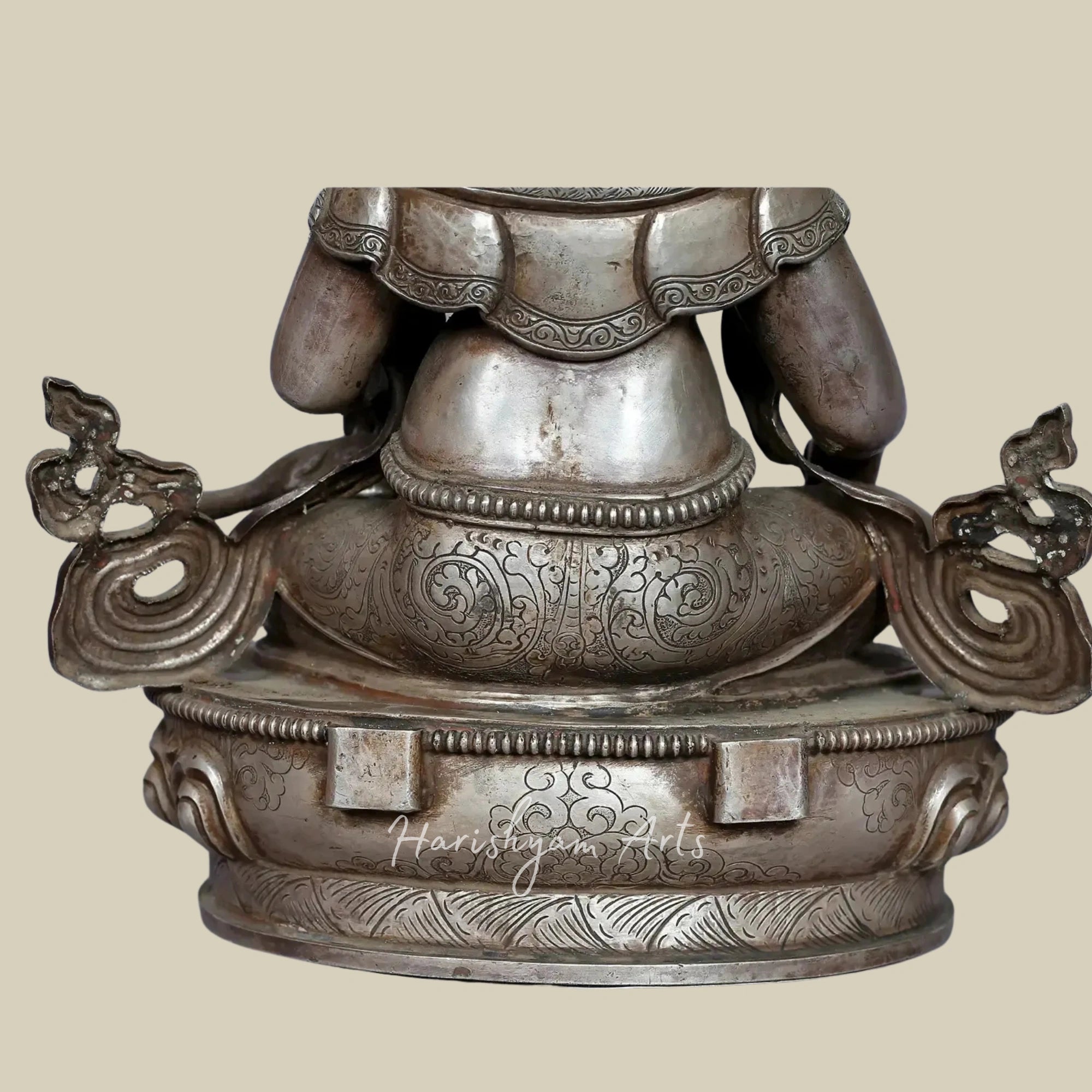 12" Kubera God of Wealth Silver Idol with Decorative Stone Detailing