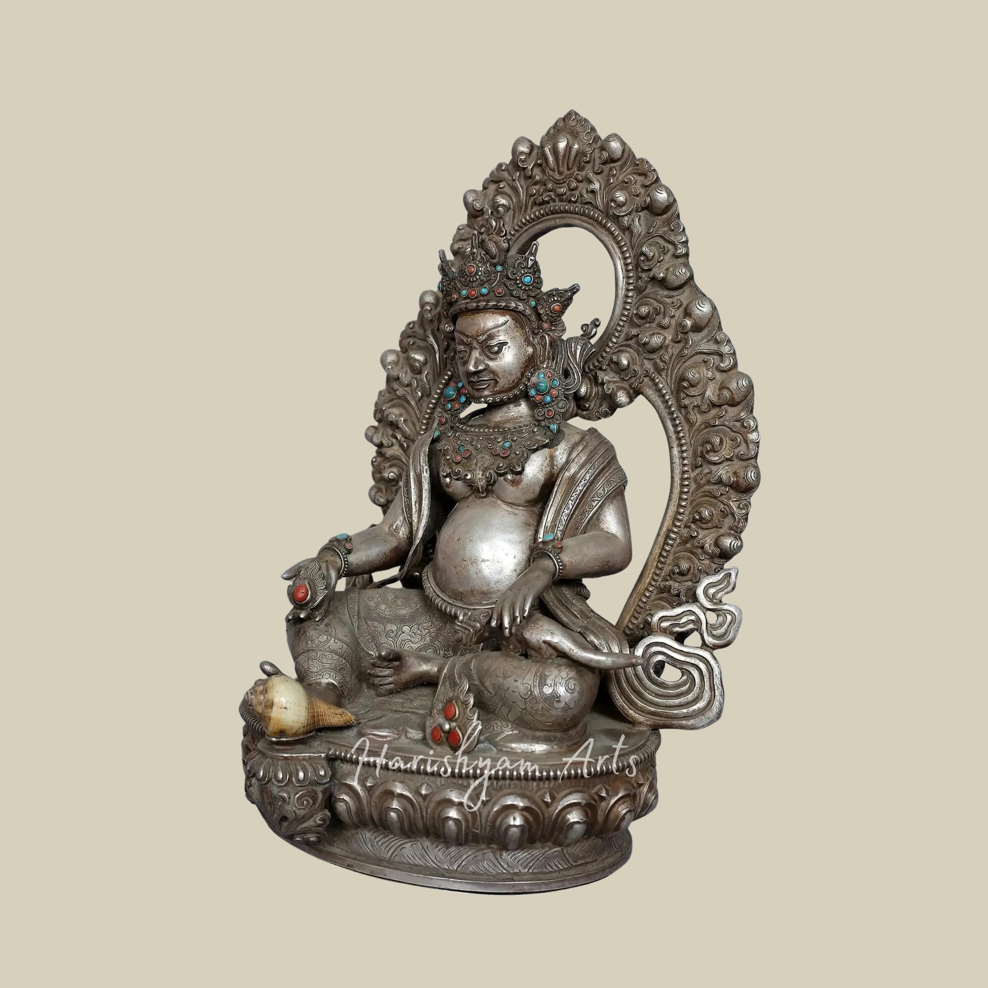 12" Kubera God of Wealth Silver Idol with Decorative Stone Detailing