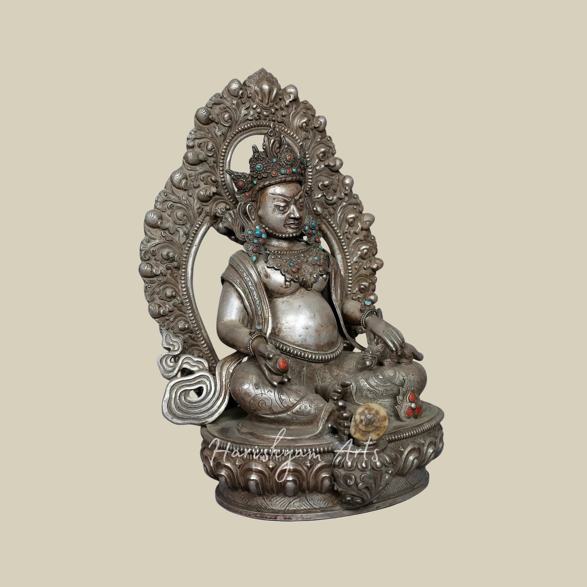 12" Kubera God of Wealth Silver Idol with Decorative Stone Detailing