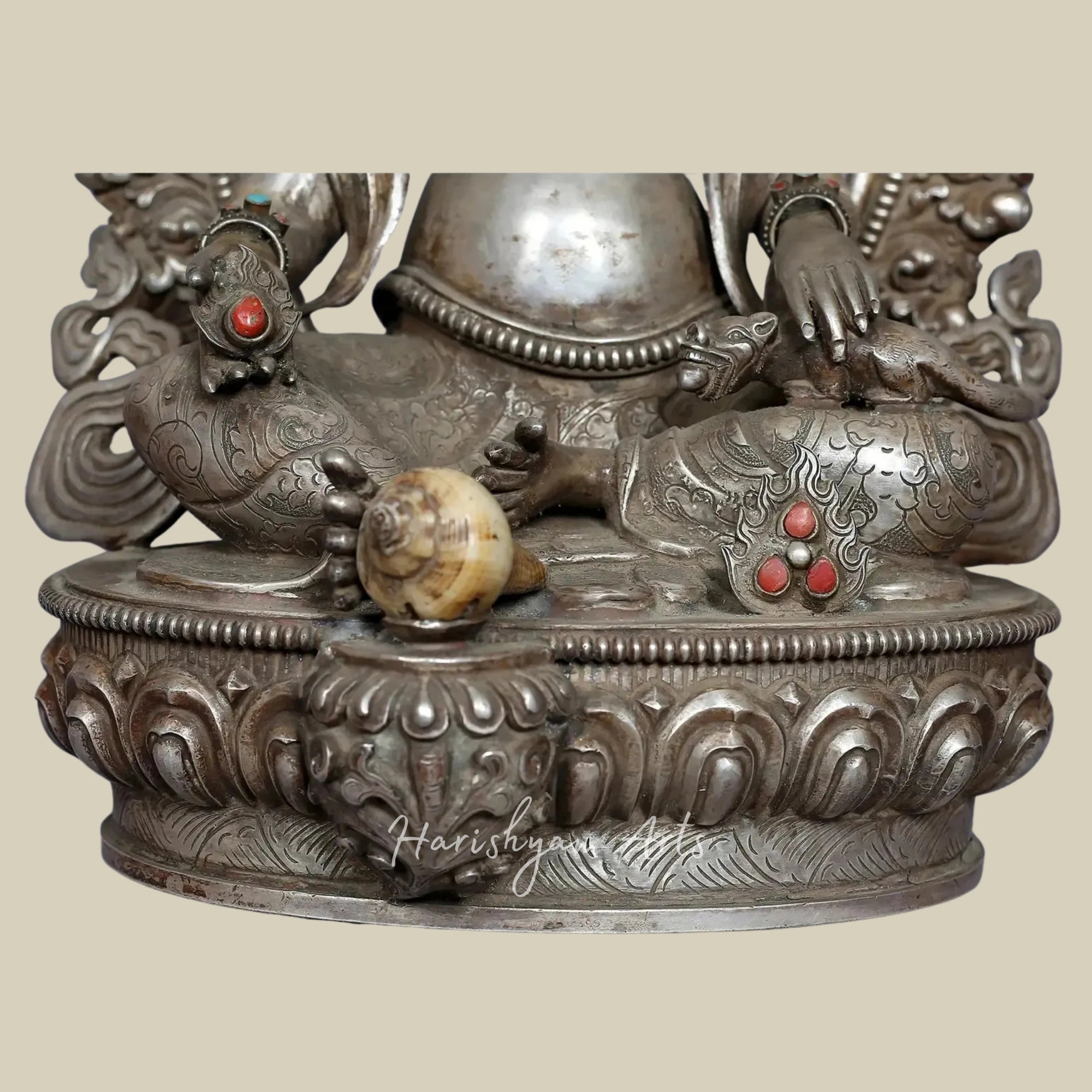 12" Kubera God of Wealth Silver Idol with Decorative Stone Detailing