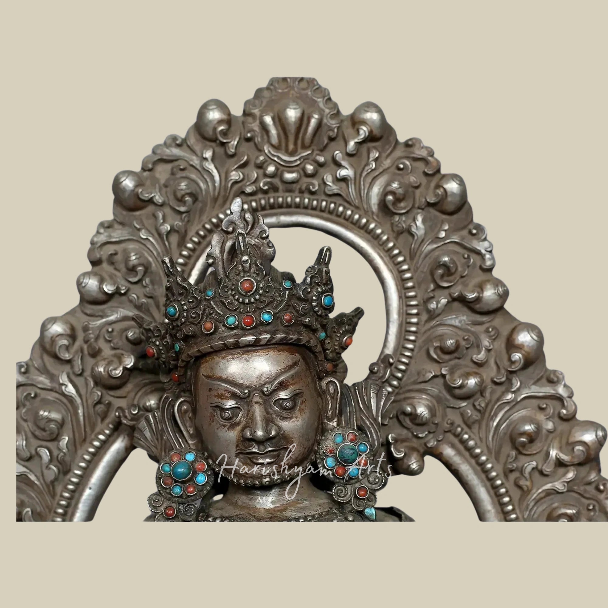 12" Kubera God of Wealth Silver Idol with Decorative Stone Detailing