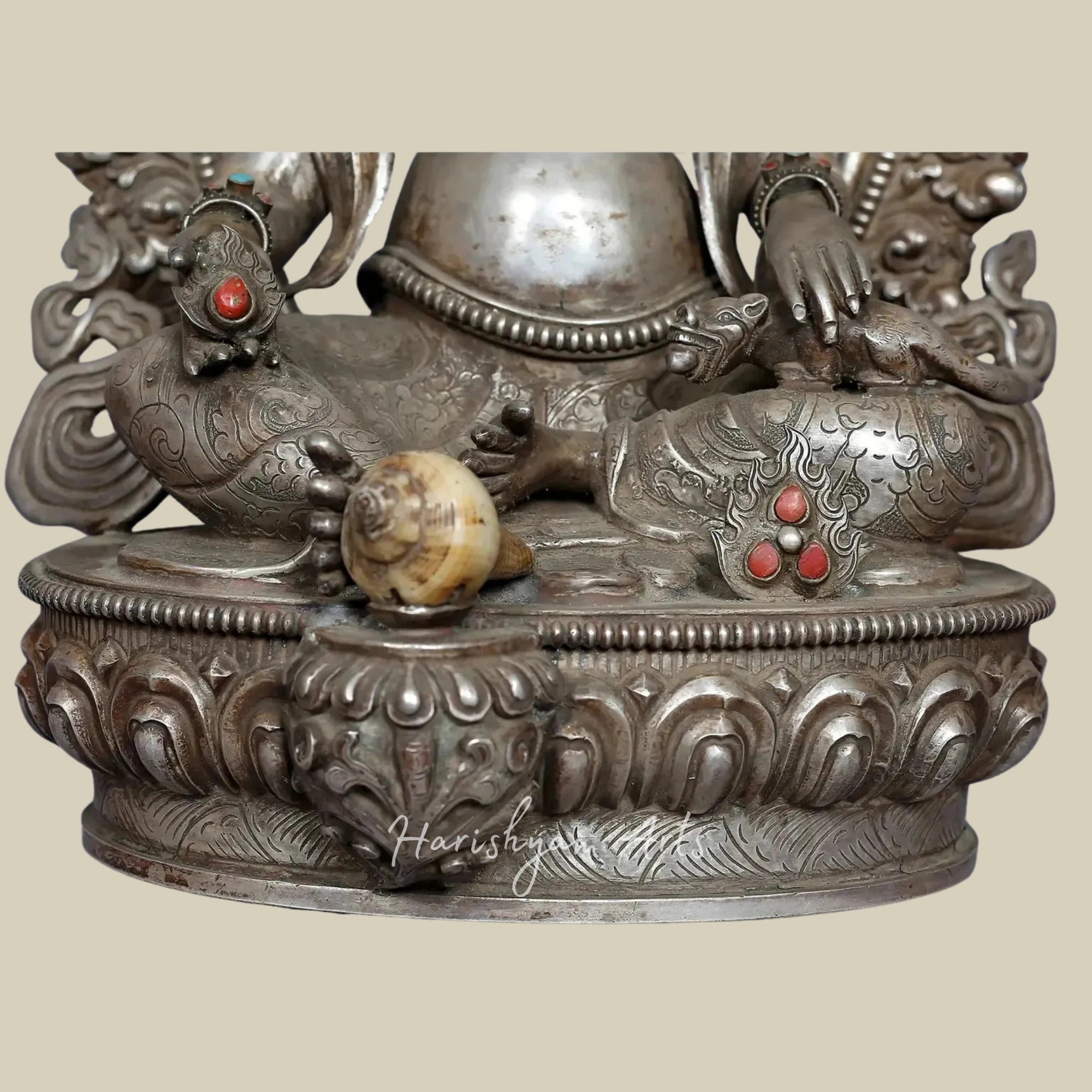 12" Kubera God of Wealth Silver Idol with Decorative Stone Detailing