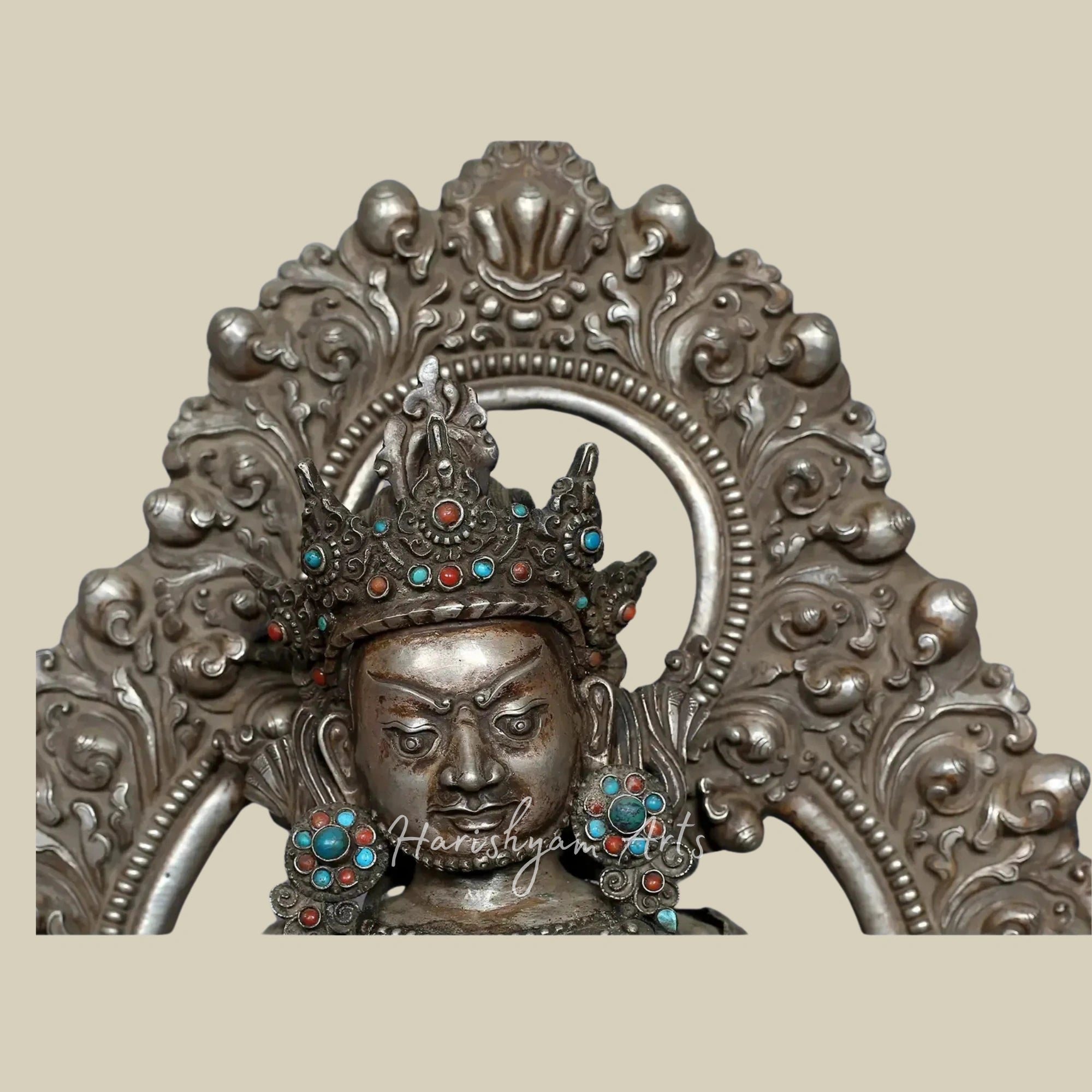 12" Kubera God of Wealth Silver Idol with Decorative Stone Detailing