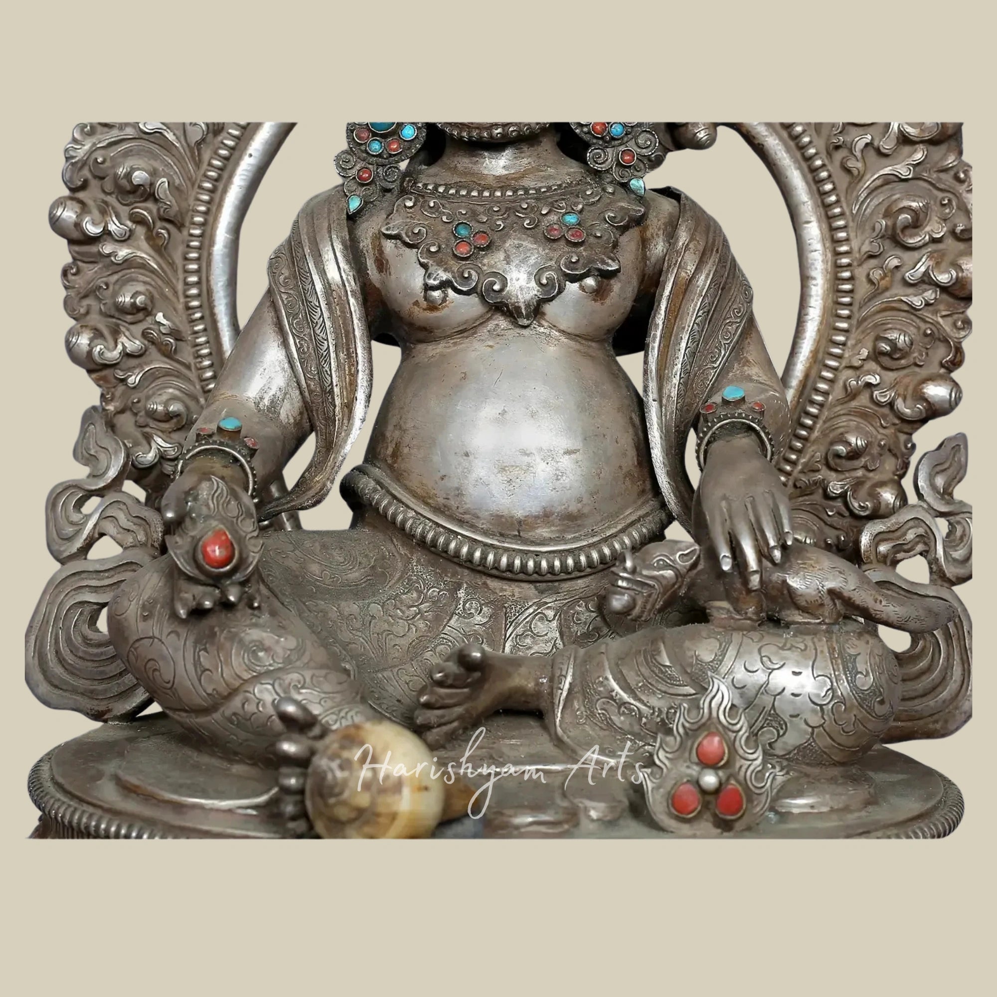 12" Kubera God of Wealth Silver Idol with Decorative Stone Detailing