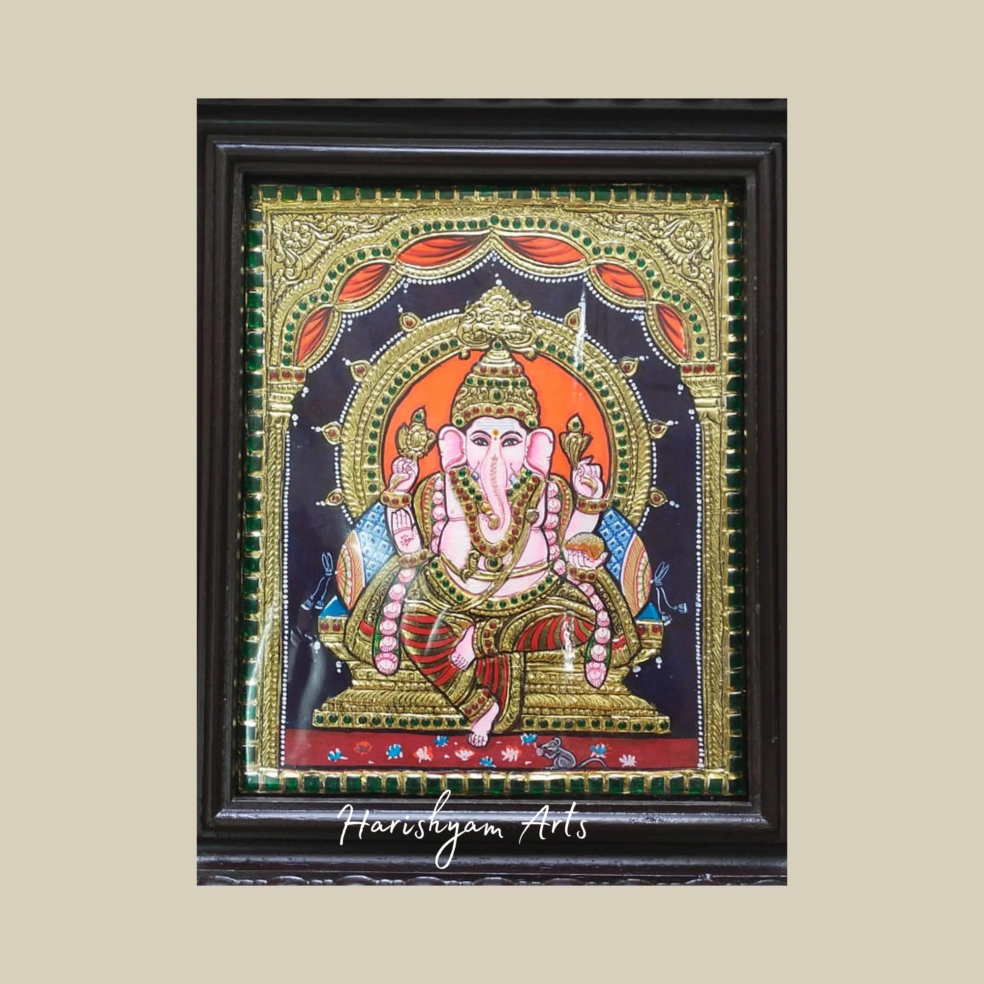 12" Lord Ganesha on Throne Tanjore Painting with Decorative Frame