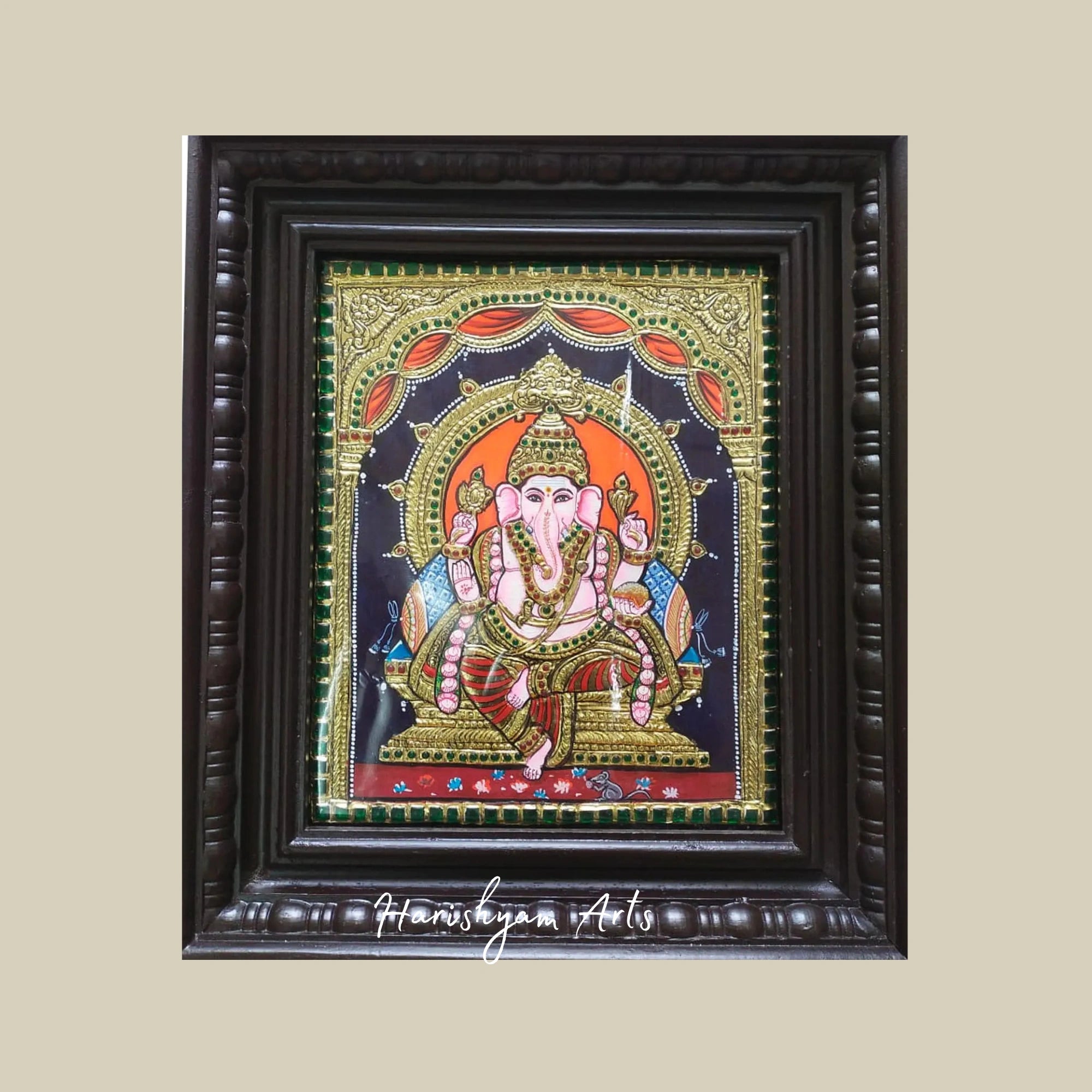 12" Lord Ganesha on Throne Tanjore Painting with Decorative Frame