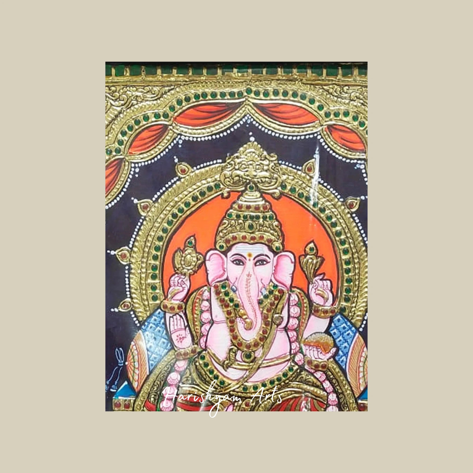 12" Lord Ganesha on Throne Tanjore Painting with Decorative Frame