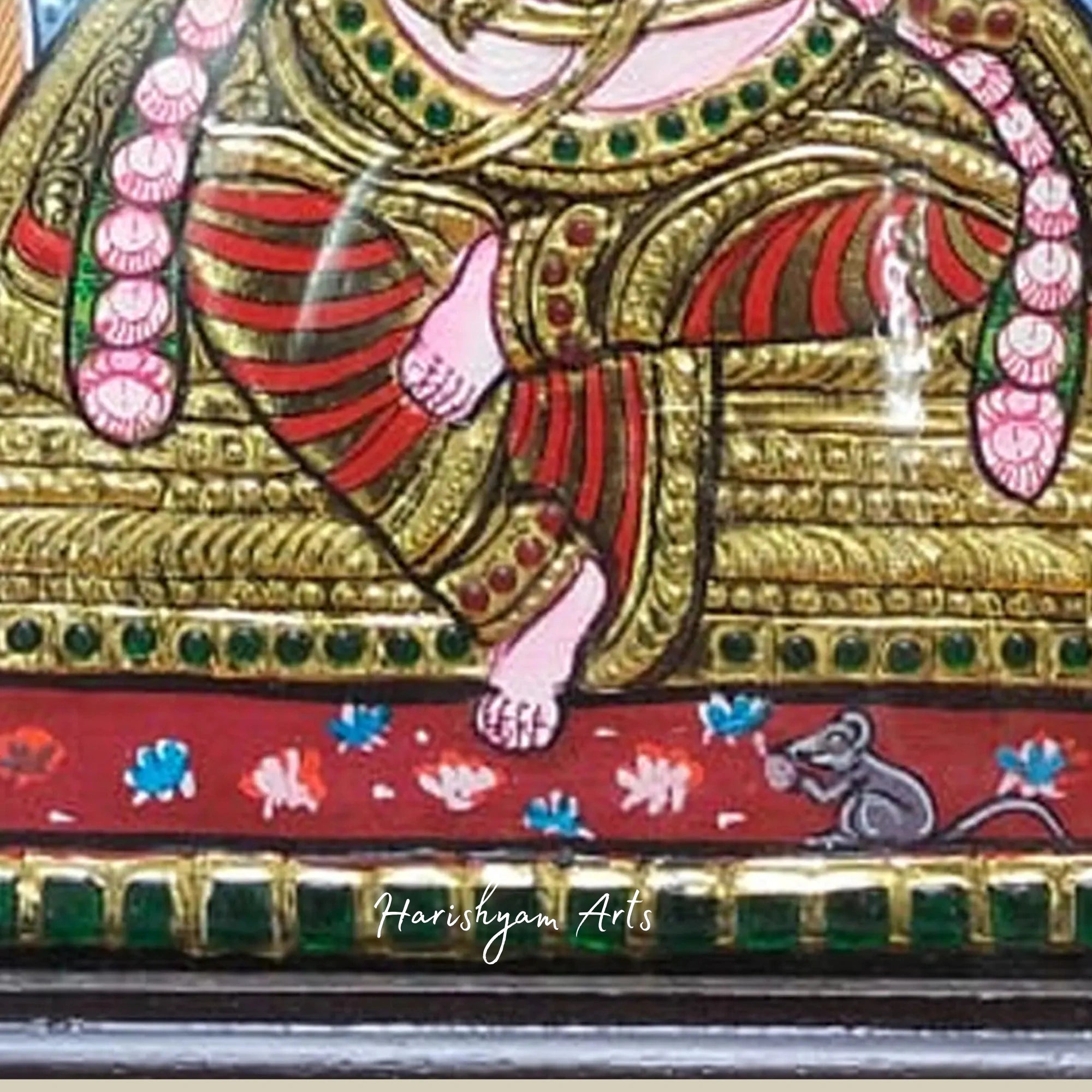 12" Lord Ganesha on Throne Tanjore Painting with Decorative Frame