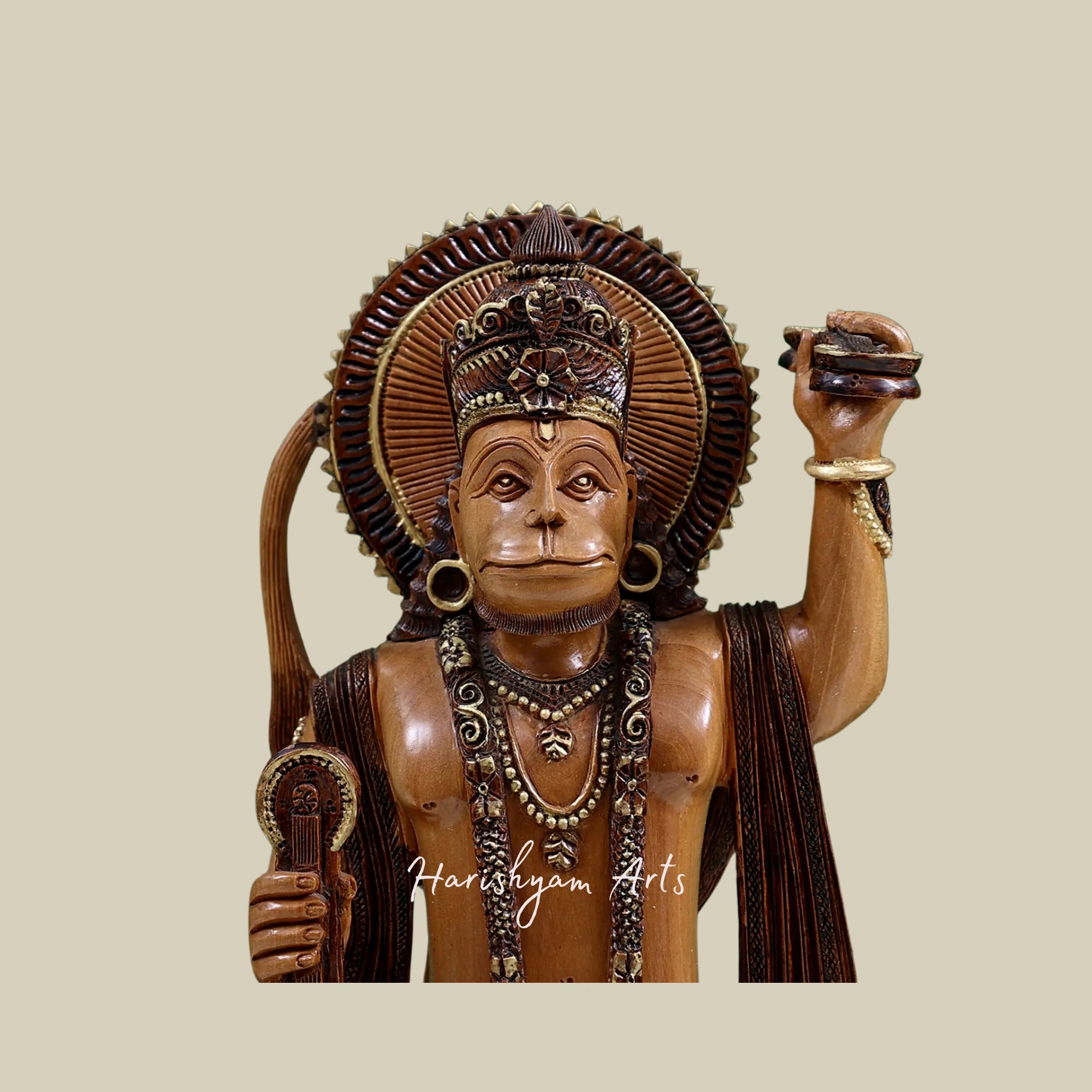 12" Lord Hanuman Wooden Statue Standing on Decorative Pedestal