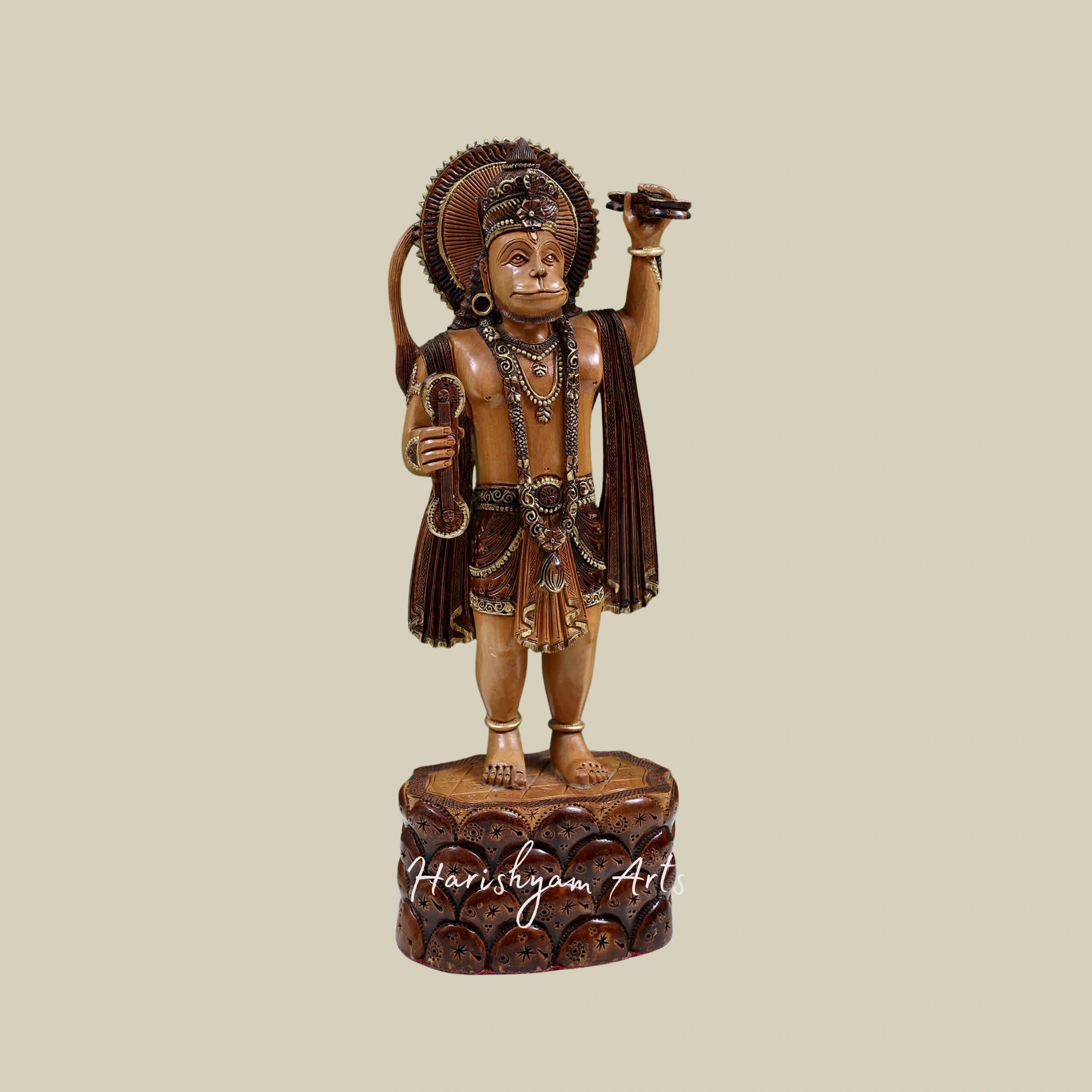 12" Lord Hanuman Wooden Statue Standing on Decorative Pedestal1