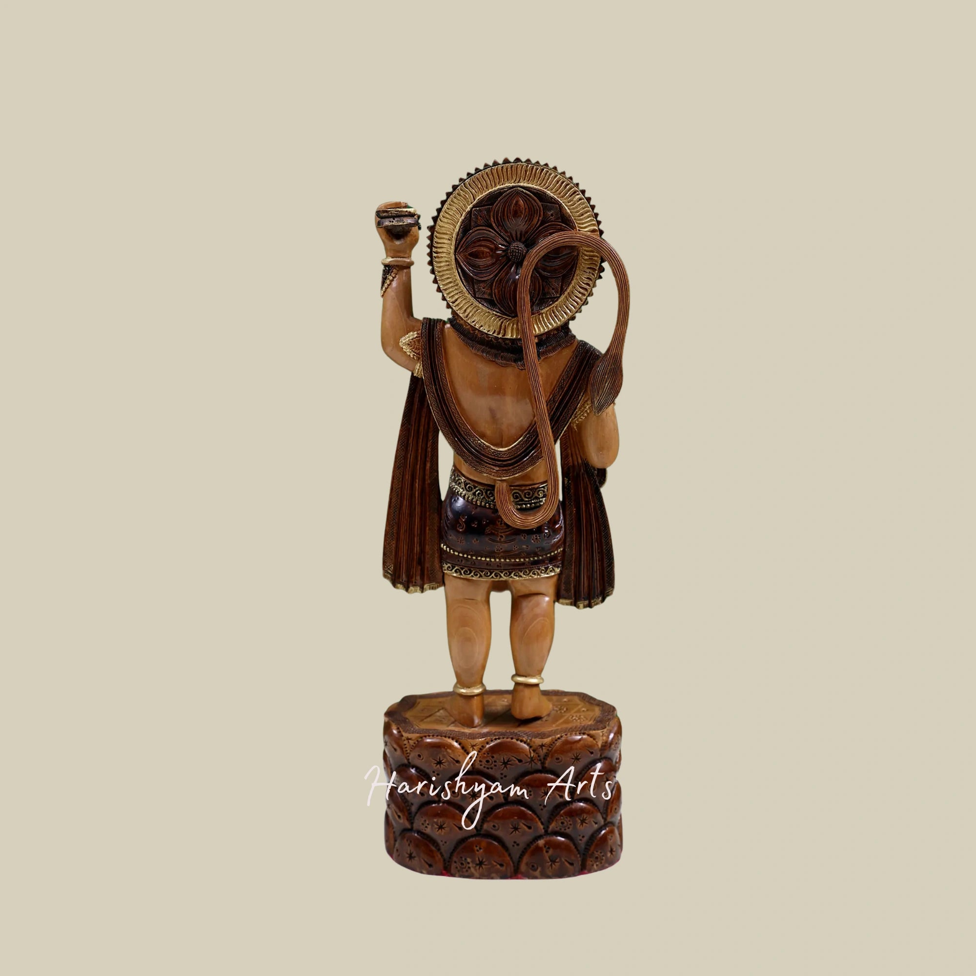 12" Lord Hanuman Wooden Statue Standing on Decorative Pedestal4