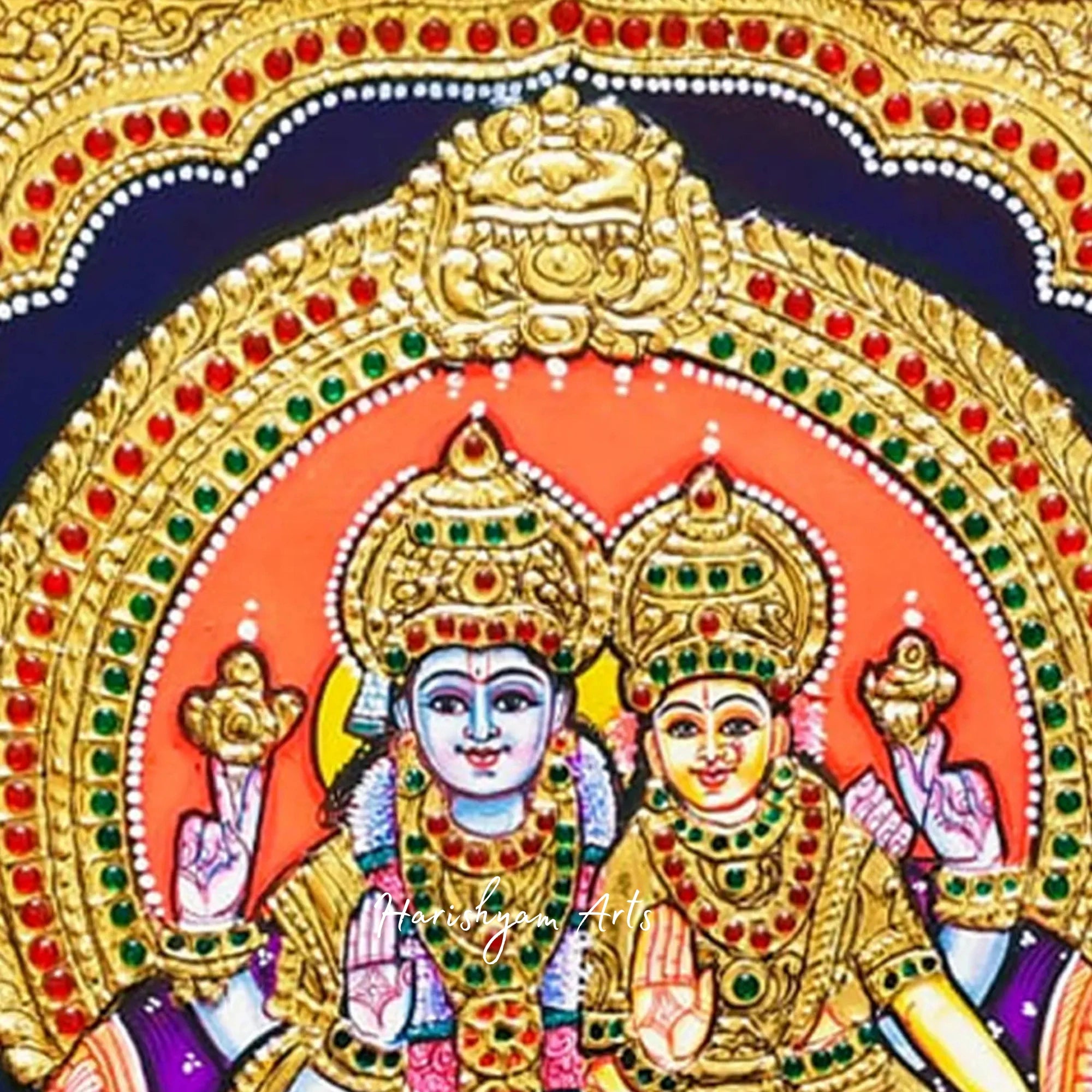 12" Lord Vishnu and Lakshmi Tanjore Painting with Gold Foil and Elegant Frame