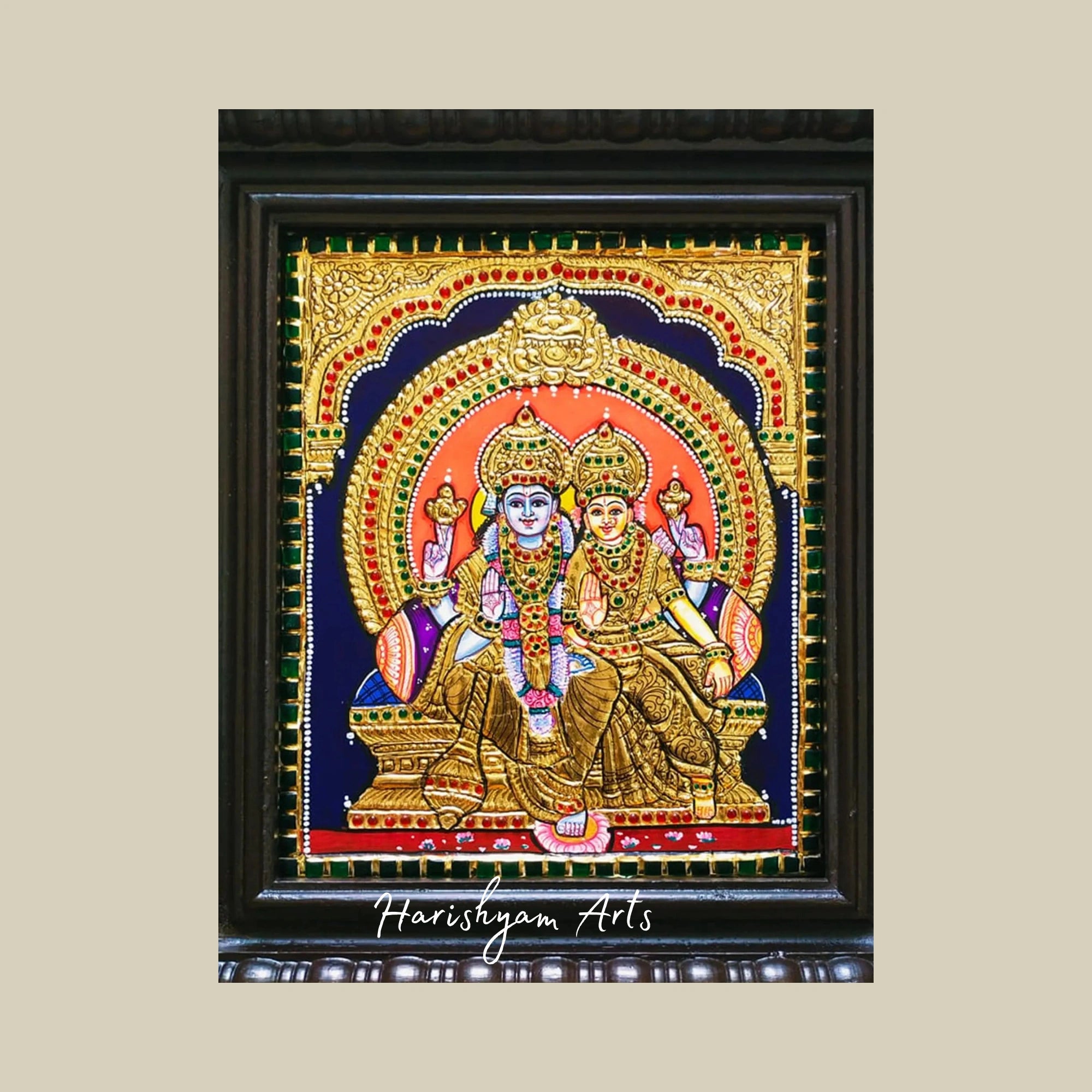 12" Lord Vishnu and Lakshmi Tanjore Painting with Gold Foil and Elegant Frame