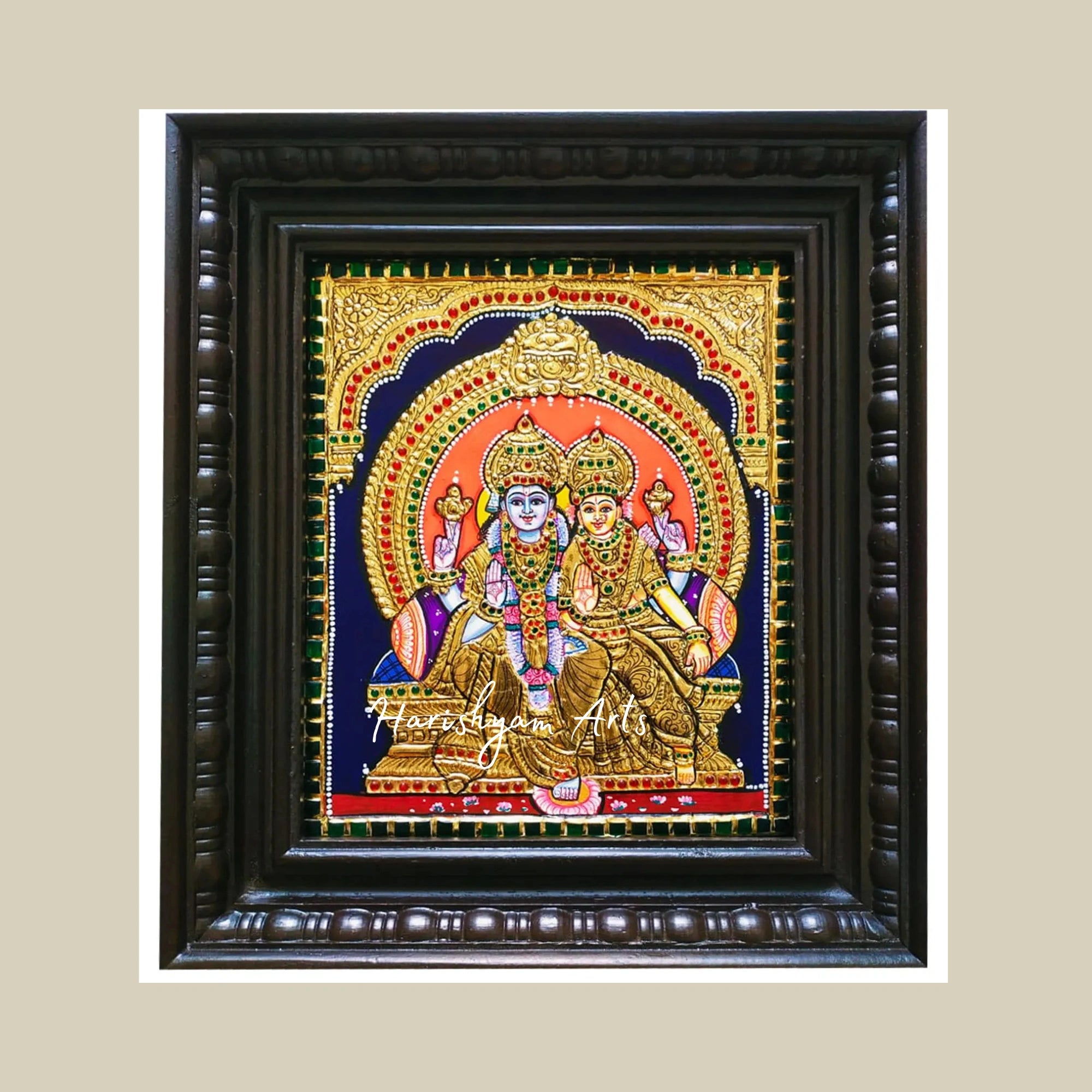 12" Lord Vishnu and Lakshmi Tanjore Painting with Gold Foil and Elegant Frame