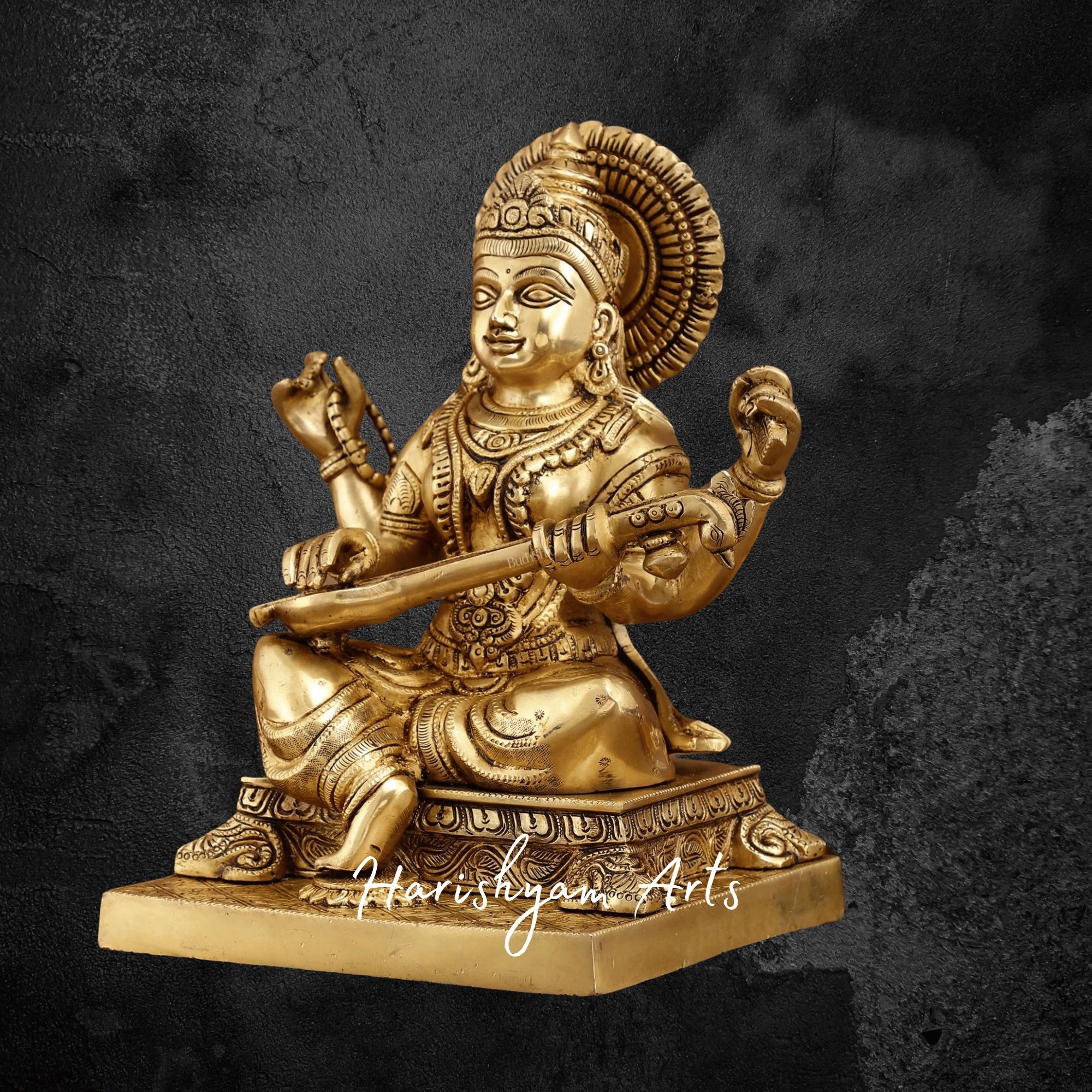 12" Pure Brass Maa Saraswati Idol for Temple and Study Room Blessings