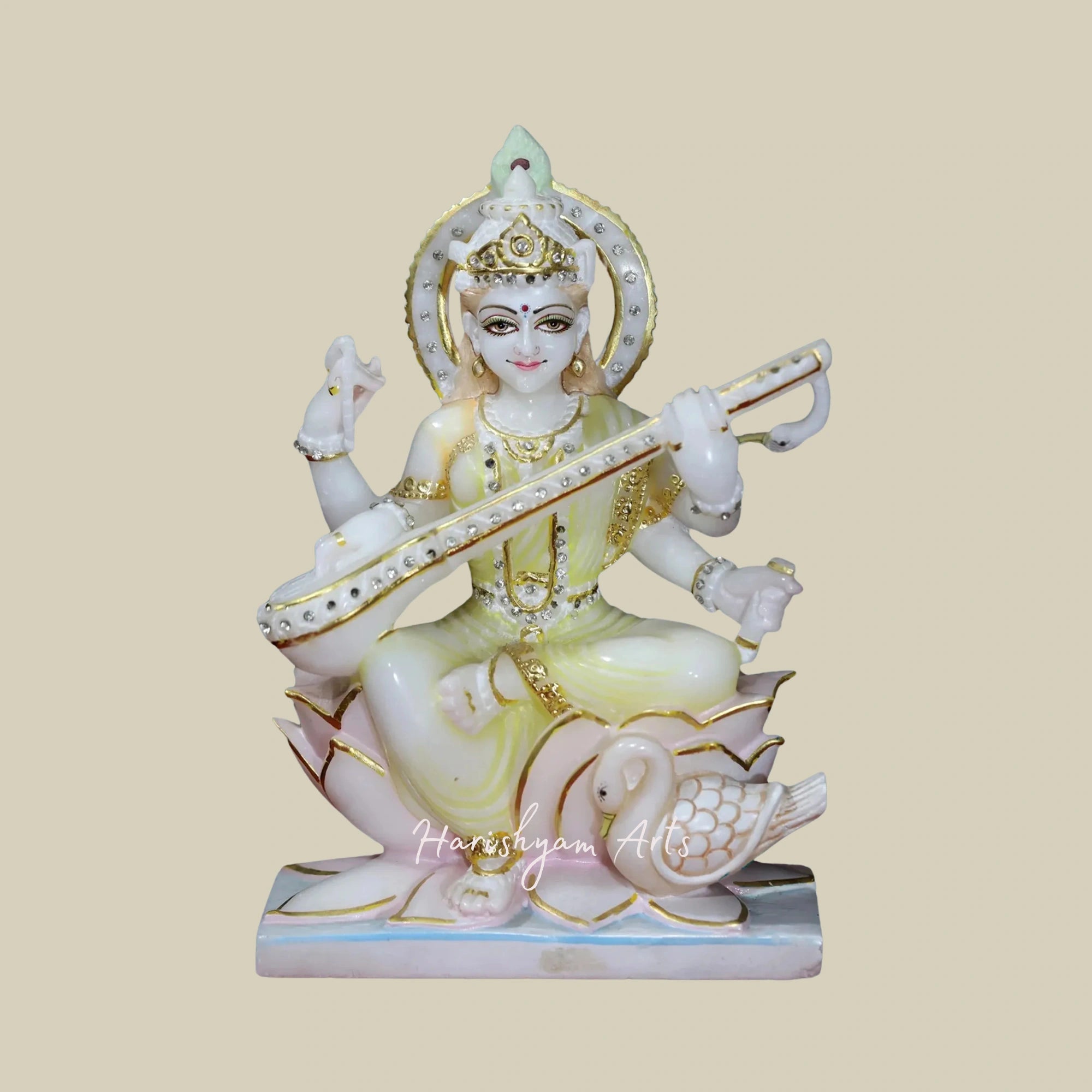 12" Seated Saraswati Statue in White Makrana Marble Ideal for Home Temples