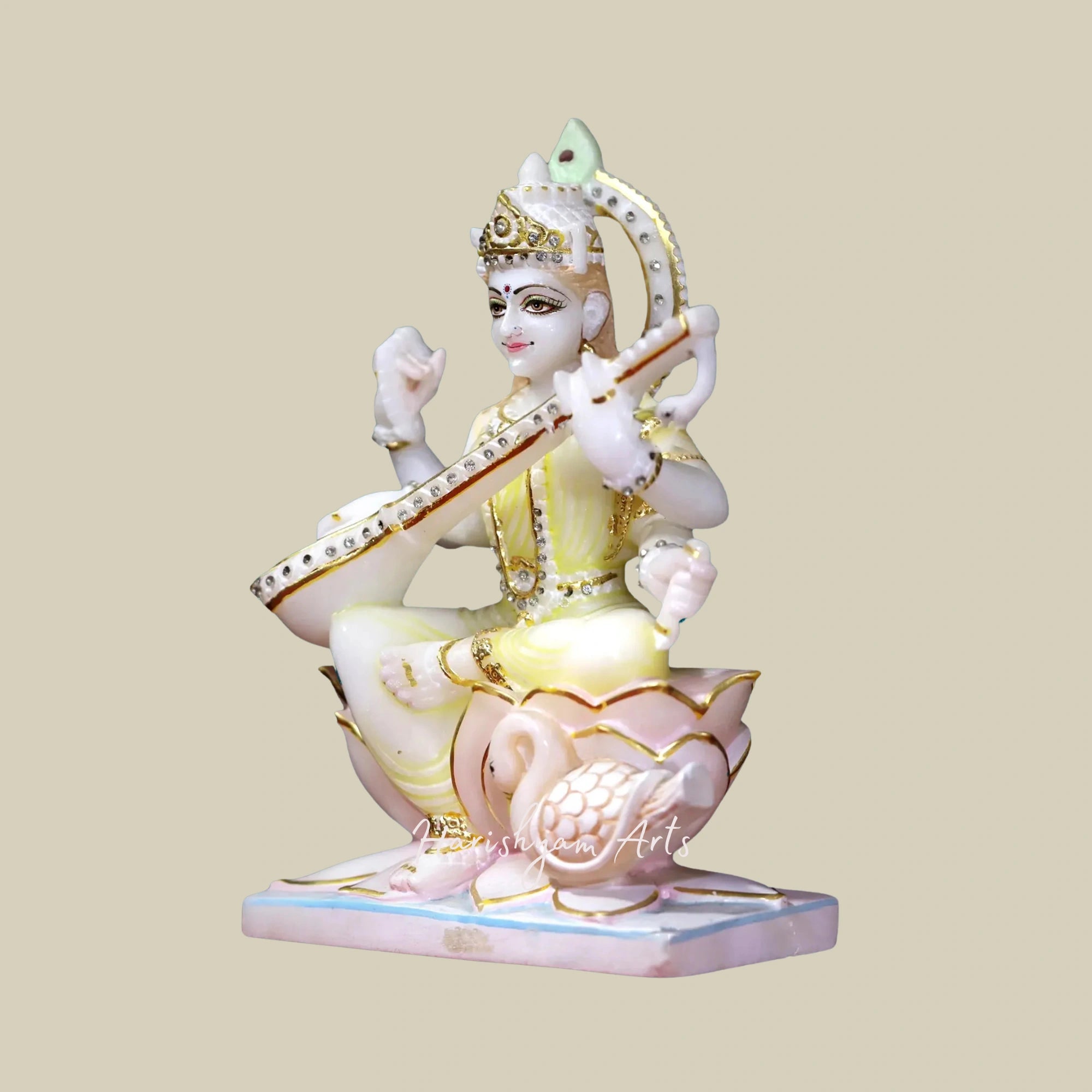 12" Seated Saraswati Statue in White Makrana Marble Ideal for Home Temples1