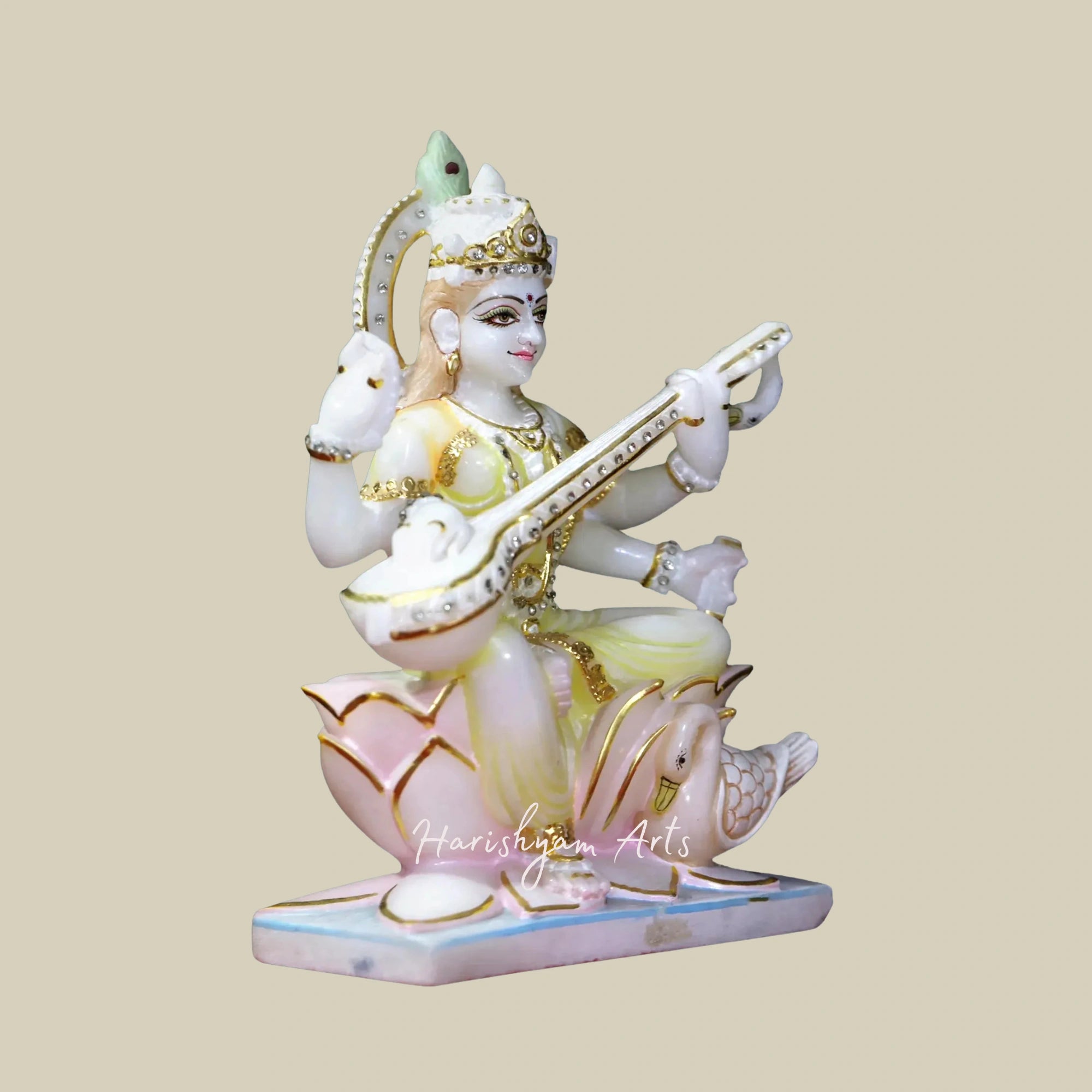 12" Seated Saraswati Statue in White Makrana Marble Ideal for Home Temples2