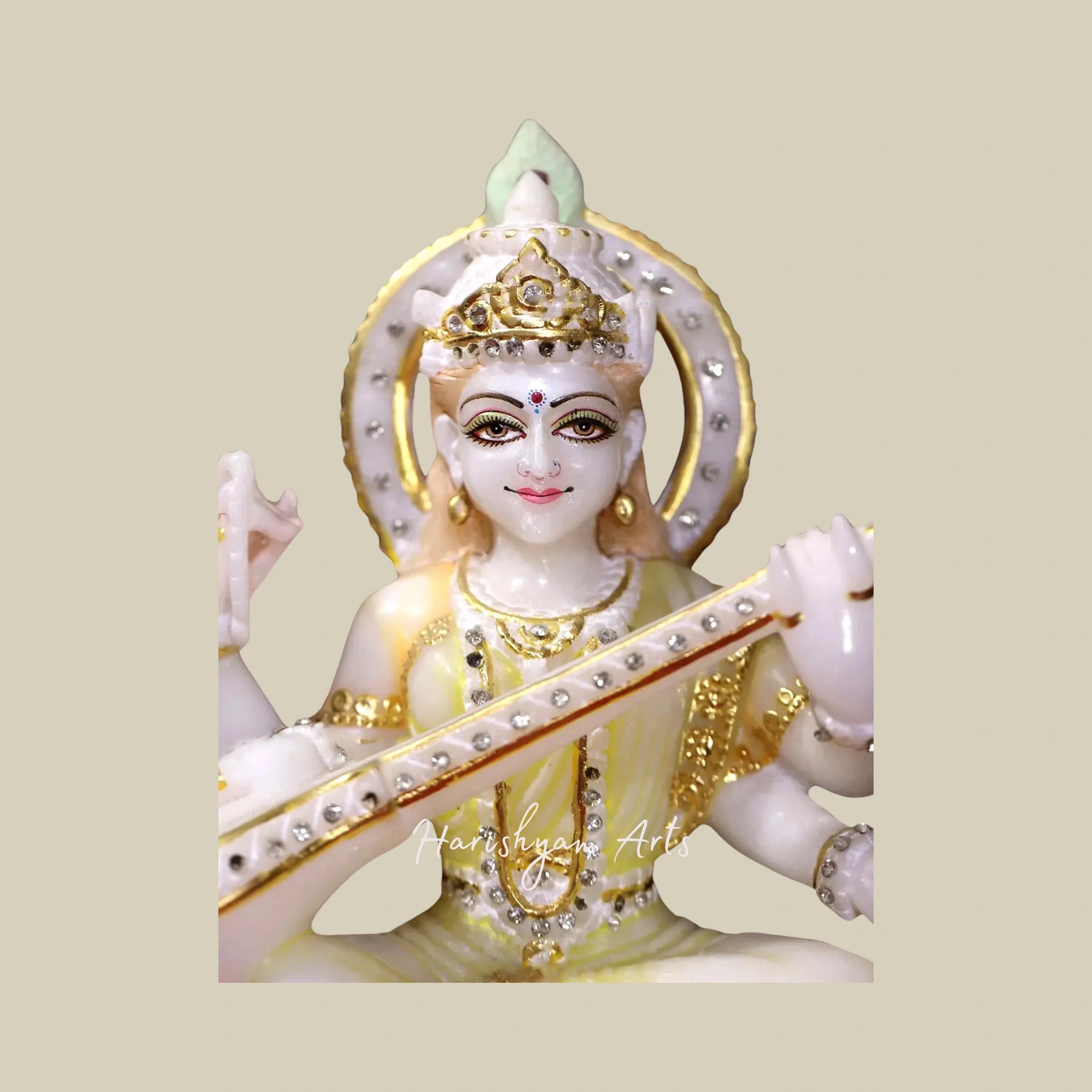 12" Seated Saraswati Statue in White Makrana Marble Ideal for Home Temples3